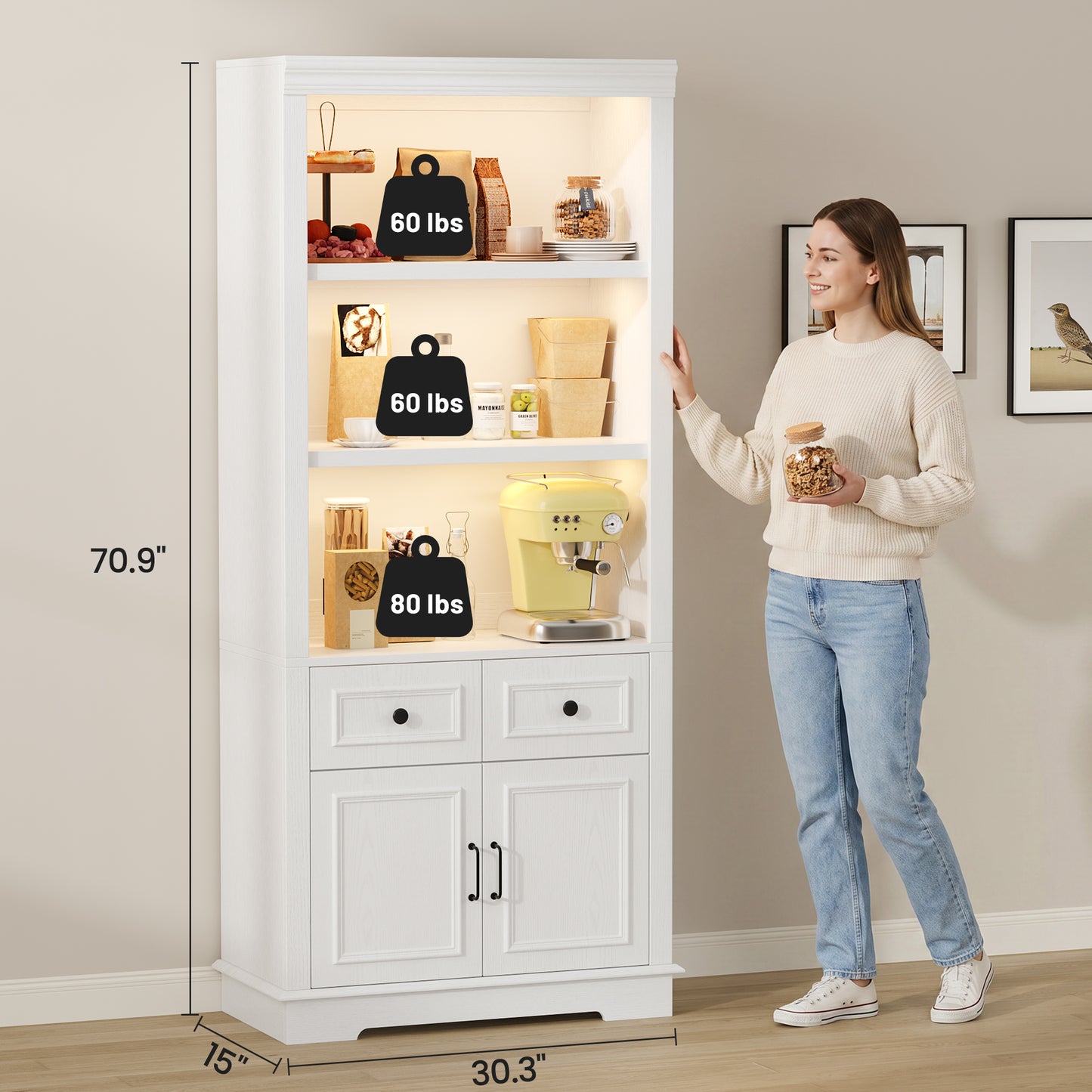 Negylim 71” Tall Lighted Coffee Bar Cabinet, Farmhouse White Pantry Storage Hutch with Built-in LED Strip Lights, 3 Open Display Shelves, 2 Pull-Out Drawers & Closed Storage Cupboard