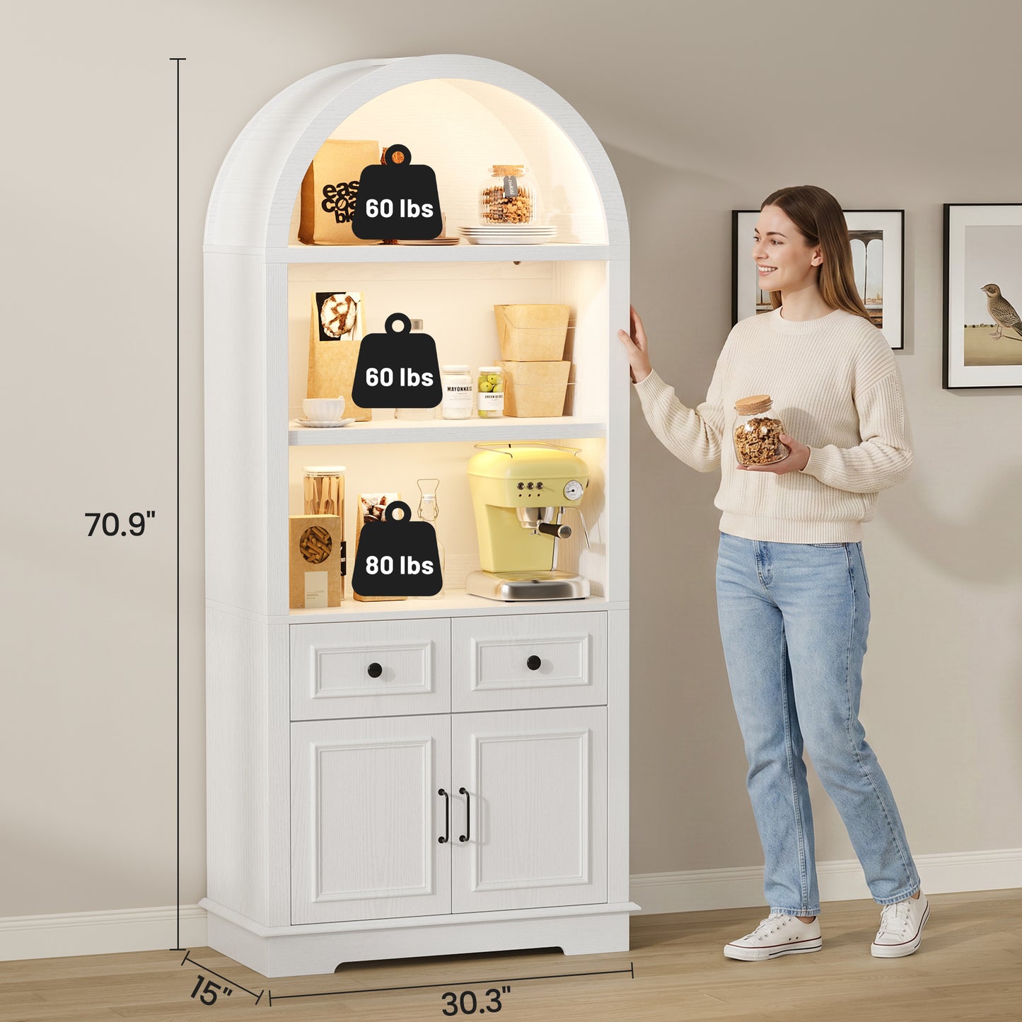 Negylim White Arched Display Coffee Station Cabinet with LED Lights, Freestanding Wooden Storage Unit with Open Shelving, Drawers & Enclosed Cabinet for Kitchen & Living Room Beverage Organizer