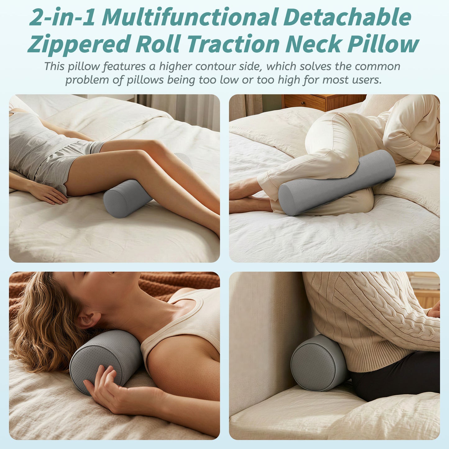 NEYGLIM 2PCS Cervical Neck Pillows with Detachable Cervical Neck Roll for Neck & Shoulder Pain Relief, Pregnancy Pillows with Cooling Cover for Improves Sleep,  Gray