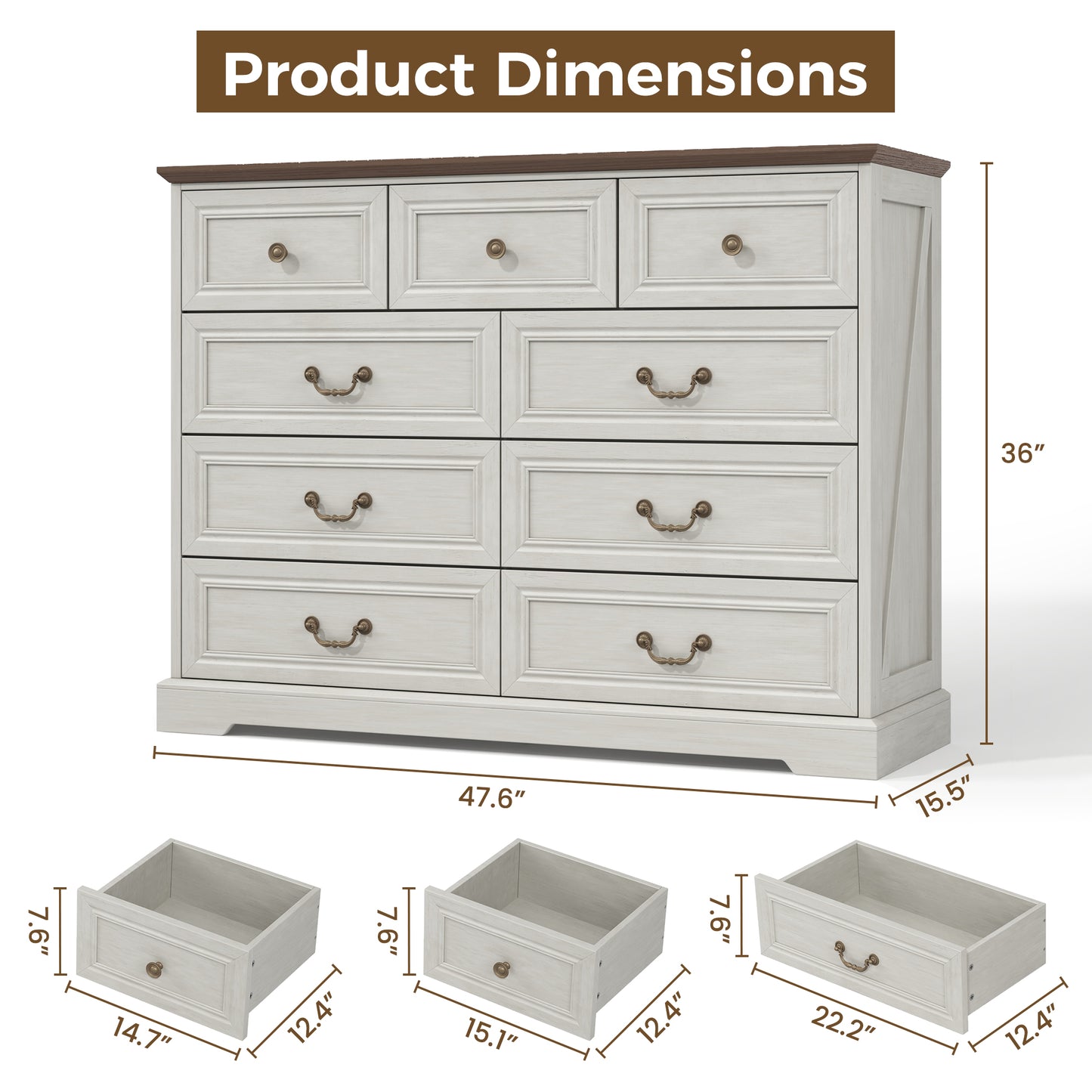 NEGYLIM 9 Drawers Dresser for Bedroom Dressers & Chest of Drawers with Vintage Handles,Long White Dresser for Living Room,Hallway,Study(Rustic White)