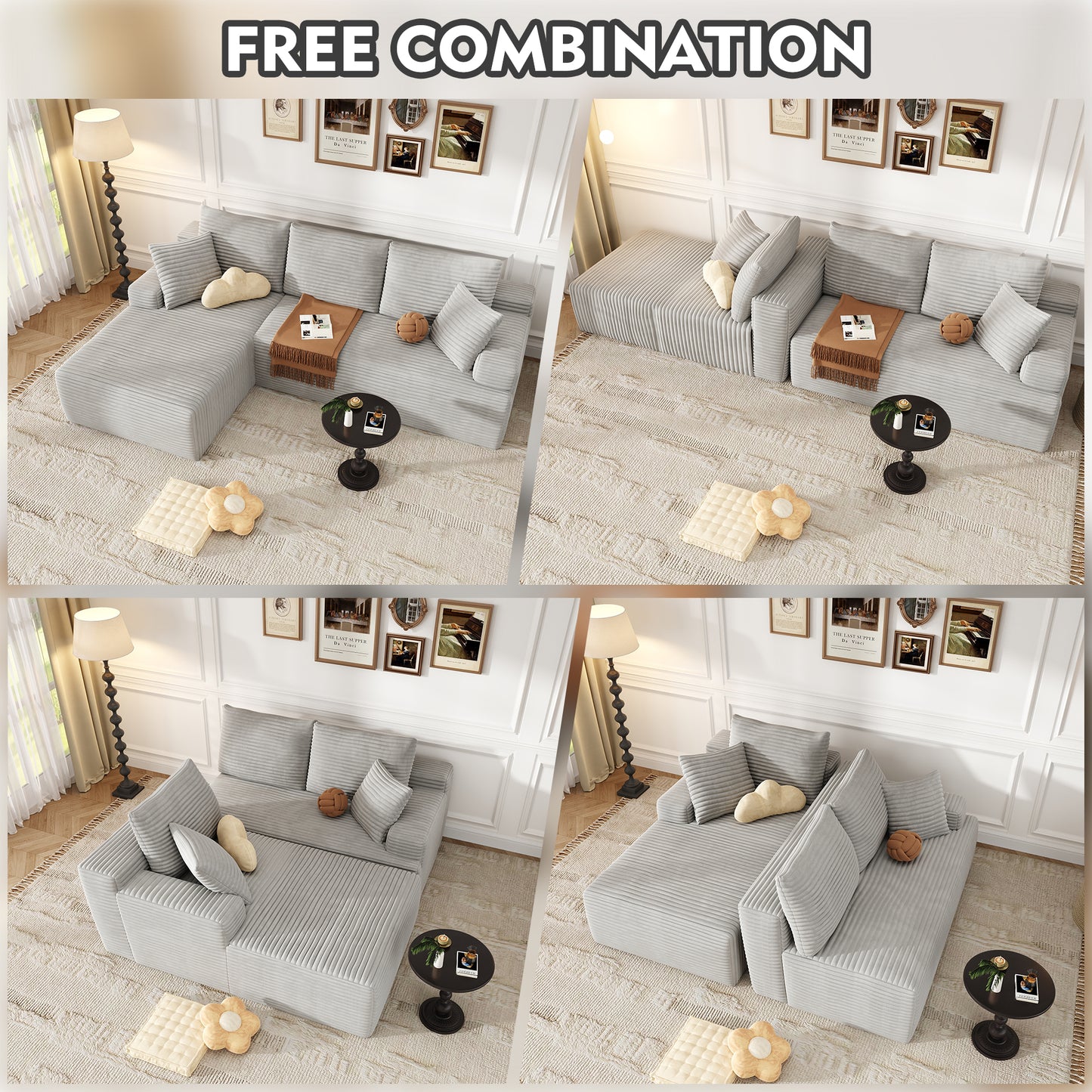 104" Modular L-Shaped Sectional Sofa, No Assembly Required Boneless Sofa with Chaise, High Resilience Foam & Corduroy Fabric, for Living Room Bedroom,(Oyster White)
