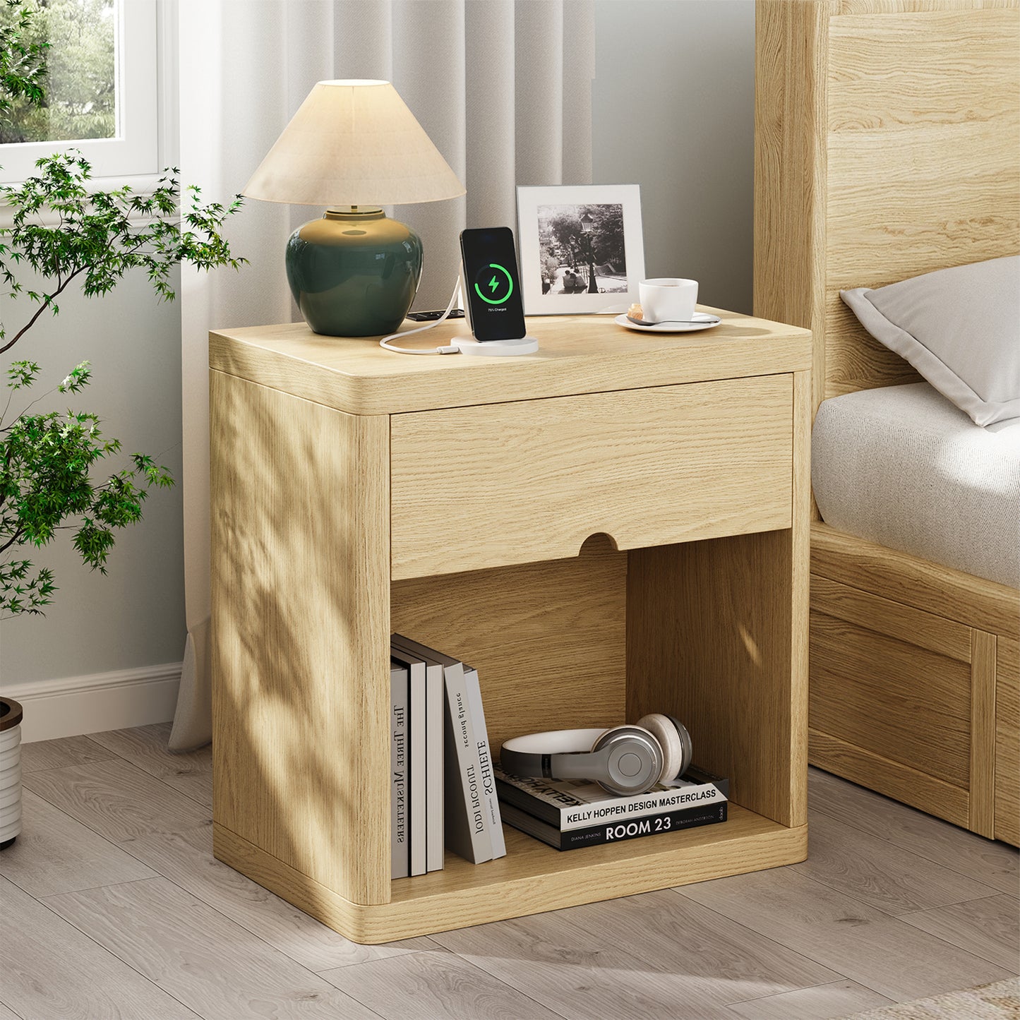 Set of 2 Wood Nightstands with USB Charging Station, 24" Bedside Tables with Safe Rounded Corners & Crescent Handles - Sturdy End Tables for Bedroom, Living Room, Nursery (Wood, 2-Piece Set)