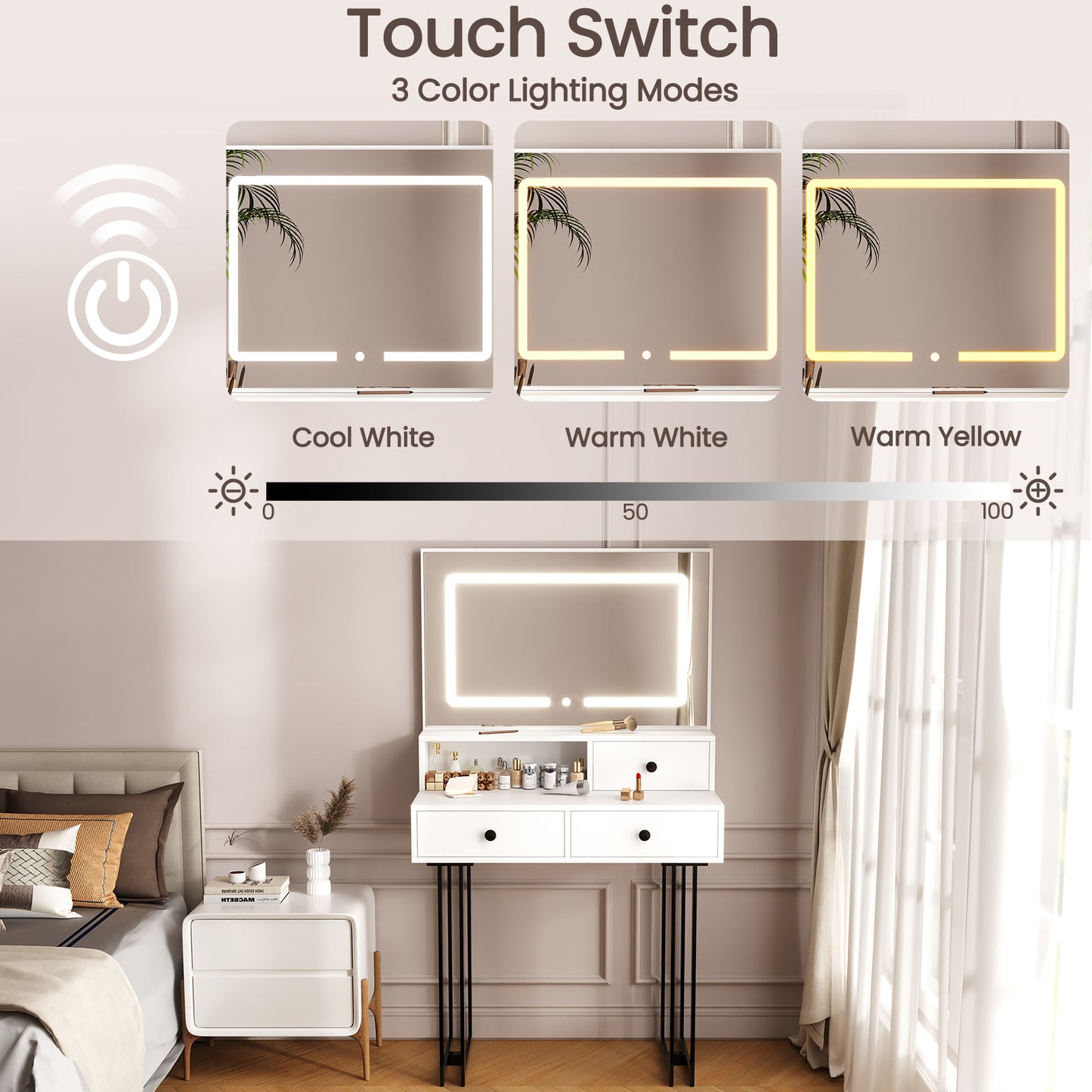 NEGYLIM Vanity with LED Lights and Mirror, White Makeup Vanity Desk with Drawers Dressing Tables Dresser Desk 3 Lighting Color Adjustable