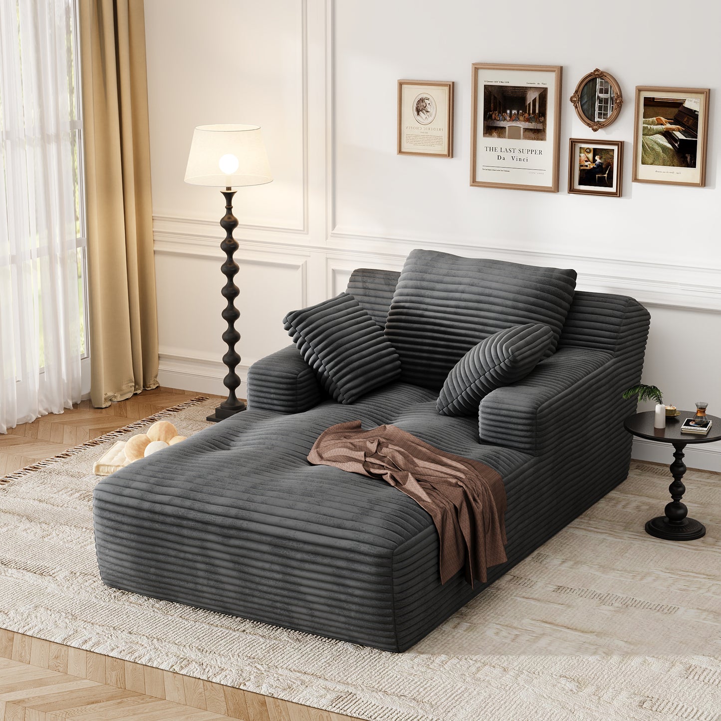 67'' Oversized Chaise Lounge Chair, Cloud Plush Corduroy Sofa Bed for Living Room, Modern Deep Seat Sleeper Couch with Back Cushion, No Assembly Required, (Charcoal)