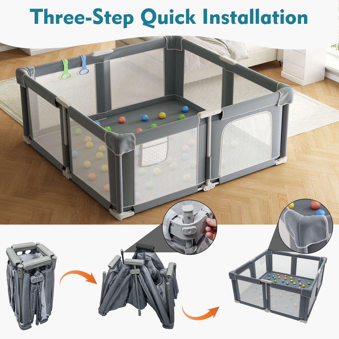 Baby Playpen 51" x 51", Play Pens for Babies and Toddlers Baby Fence Play Yards for Indoor & Outdoor with Breathable Mesh Anti-Fall Playpen, Gray