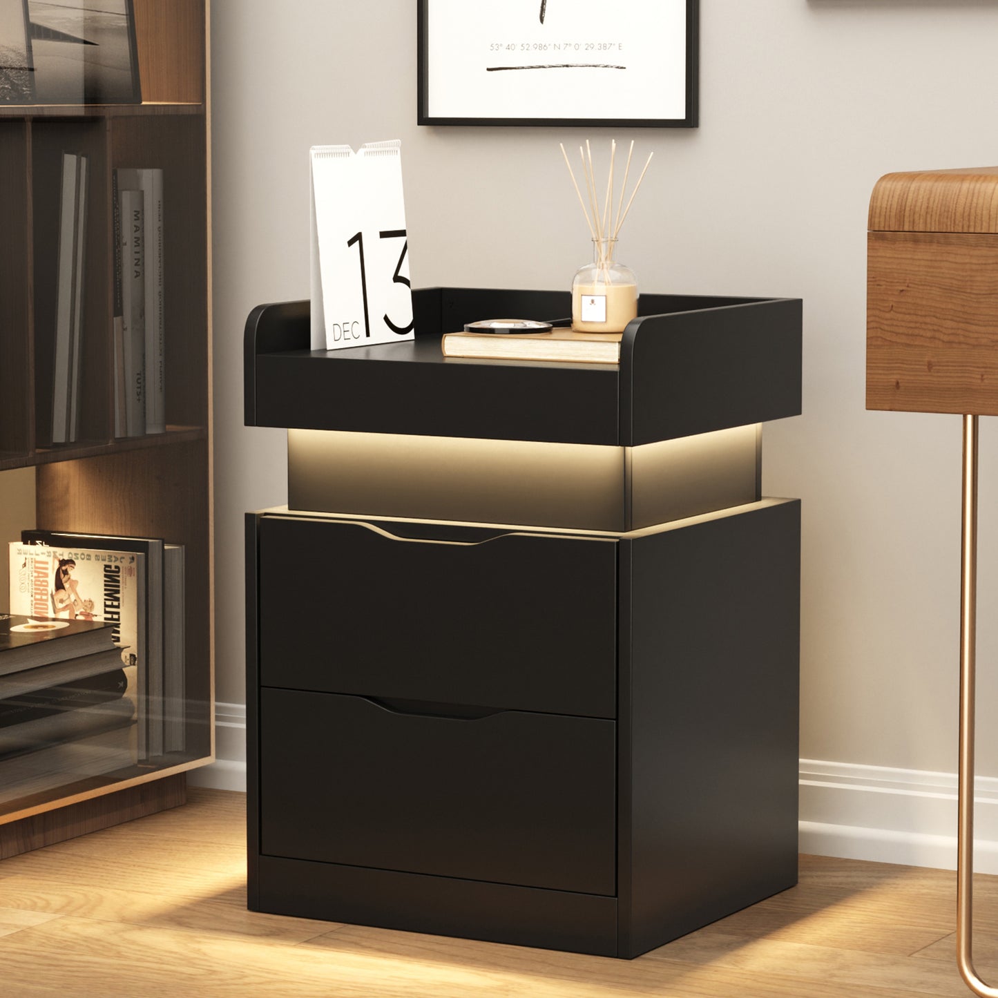 NEGYLIM Bedside Table, Modern Style, with 3 Drawers, Large Capacity, Multi-Color LED Lights & Charging Station, Bedroom Side Table