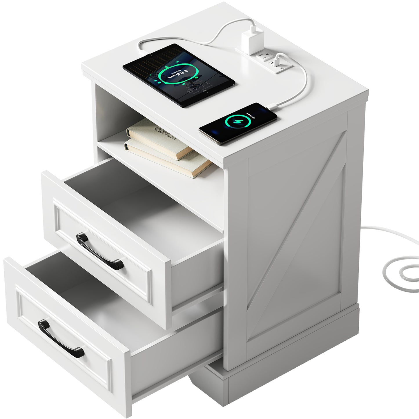 NEGYLIM Nightstand, Farmhouse End Table with Charging Station, 2 Drawers Storage for Bedroom