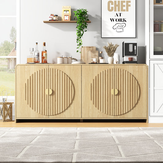 65" Large Sideboard Buffet Cabinet with Adjustable Shelves – Modern Farmhouse Coffee Bar & Dining Room Storage, Solid Wood Kitchen Table with Doors (Natural Finish)