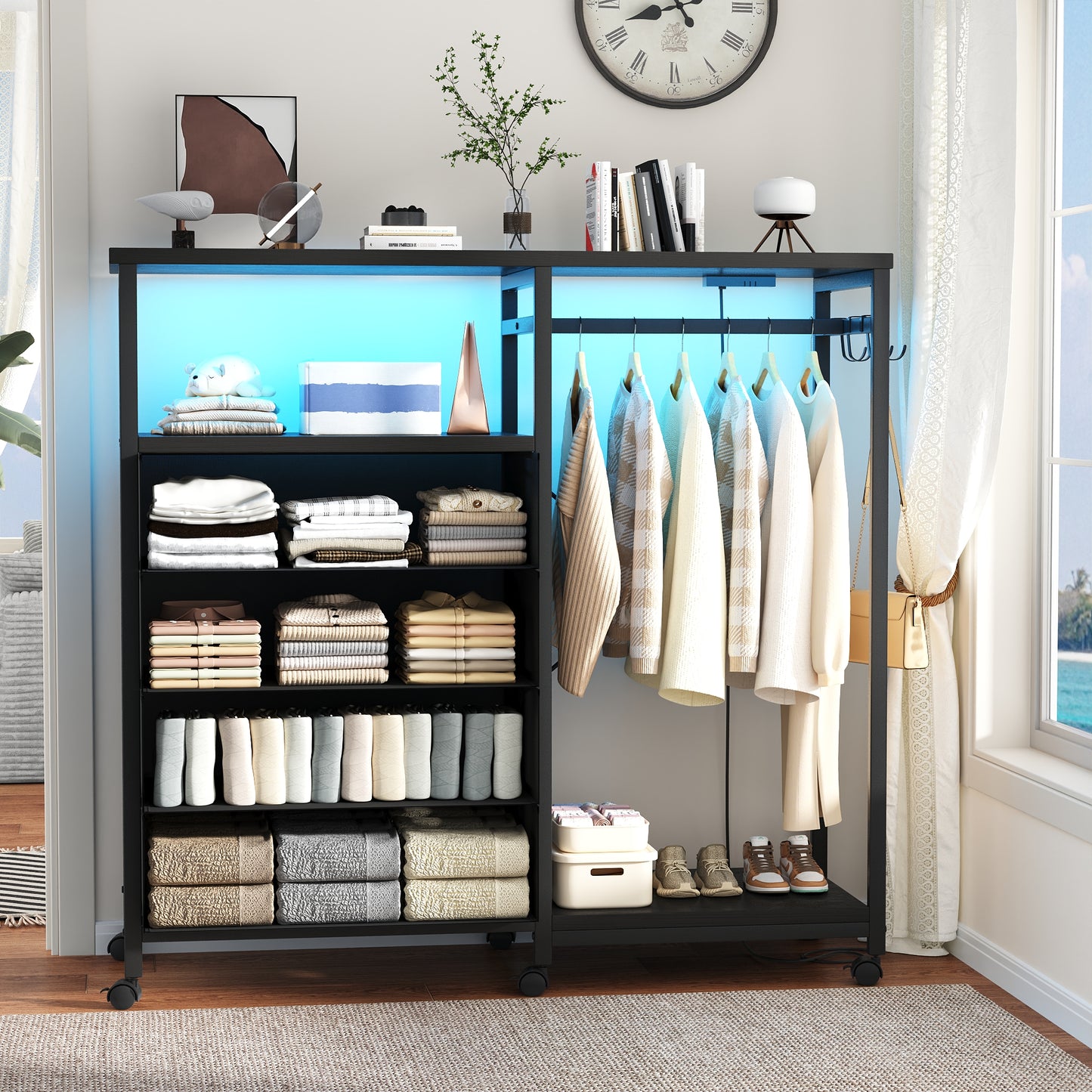 3-in-1 Dresser with Clothes Rack, 4 Drawers, Charging Station, LED Lights, and Wheels, Rustic Brown Storage Chest for Bedroom, Living Room, Hallway（Textured Matte Black）