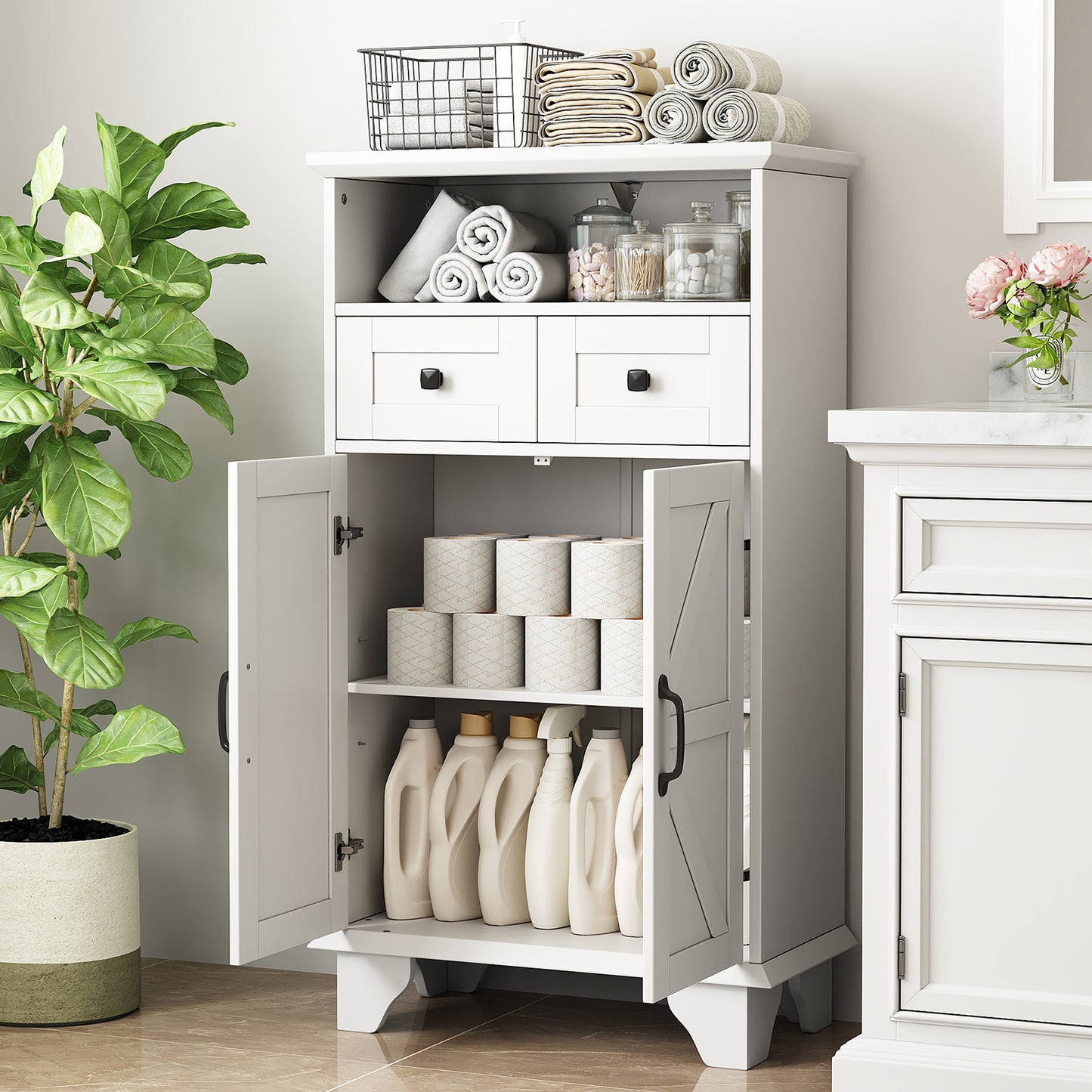 Bathroom Storage Cabinet, Farmhouse Bathroom Floor Cabinet freestanding with Doors and Drawers, 41.3"H Bathroom Organizer with Adjustable Shelf, White