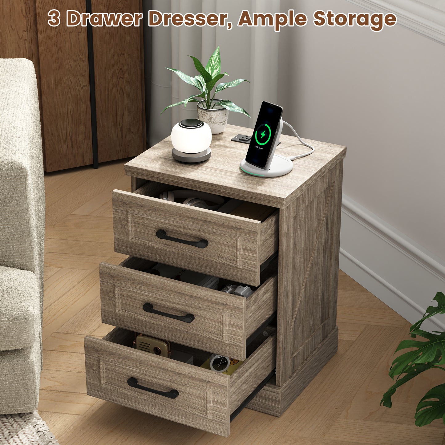 NEGYLIM Nightstand, Farmhouse End Table with Charging Station, 3 Drawers Storage for Bedroom