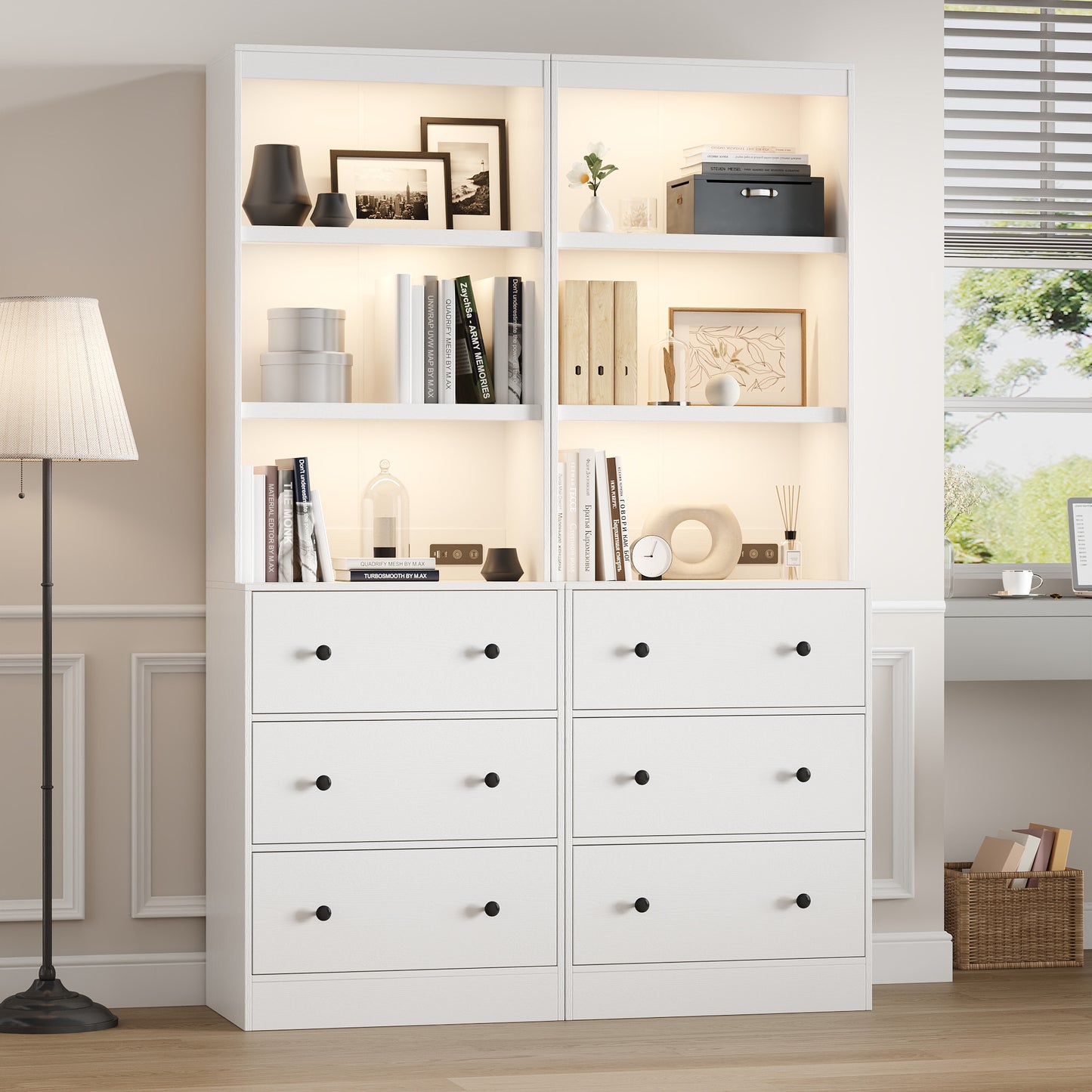 NEGYLIM 2PCS 71" Tall Bookcase with Sensor Lights, White Bookshelf with Charging Station, Bookshelves with 3 Large Drawers for Living Room Home Office