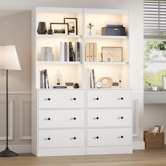 NEGYLIM 2PCS 71" Tall Bookcase with Sensor Lights, White Bookshelf with Charging Station, Bookshelves with 3 Large Drawers for Living Room Home Office