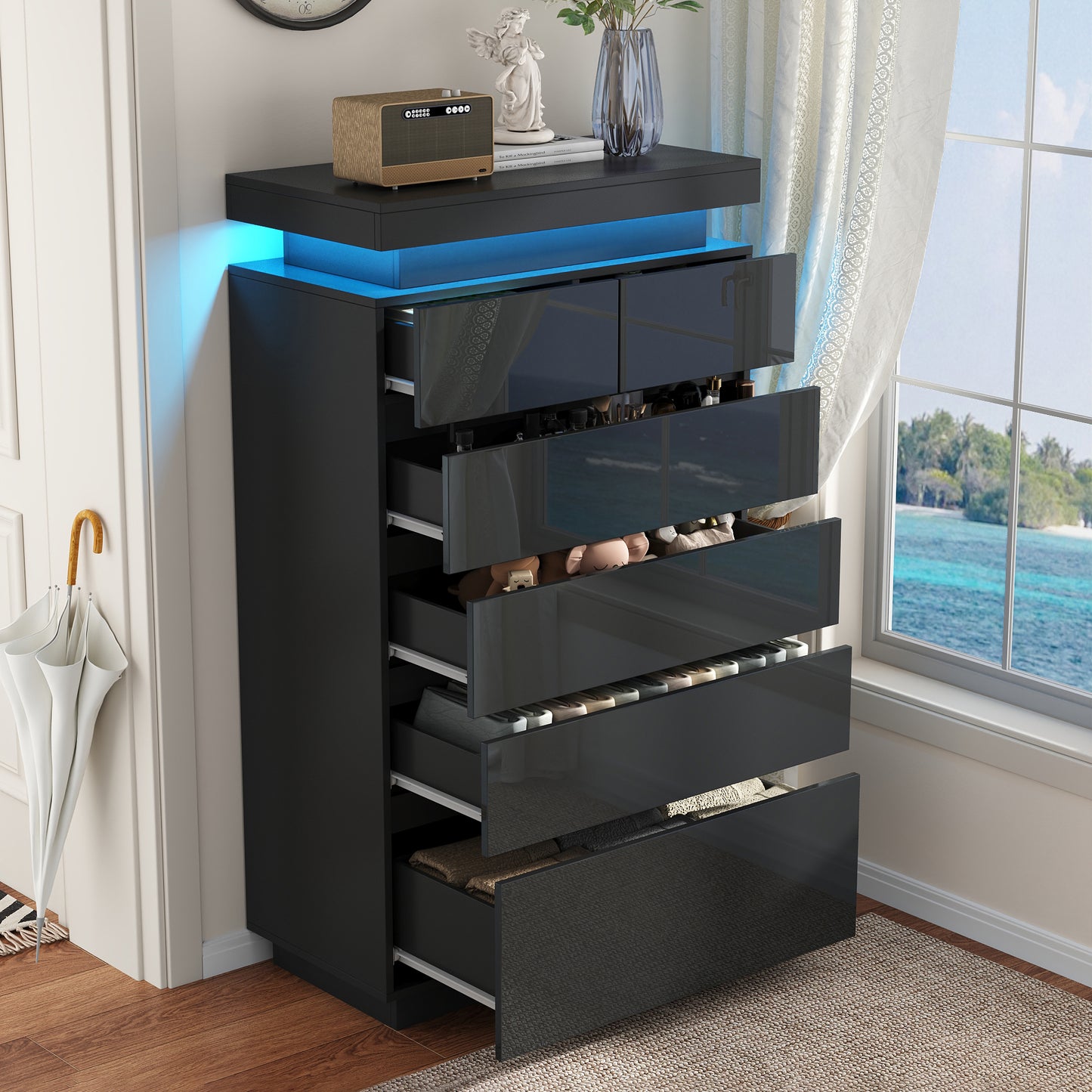 NEGYLIM 6 Drawer Black Dresser, High Gloss Dresser with LED Light for Bedroom, Living Room, Hallway, Easy Assembly