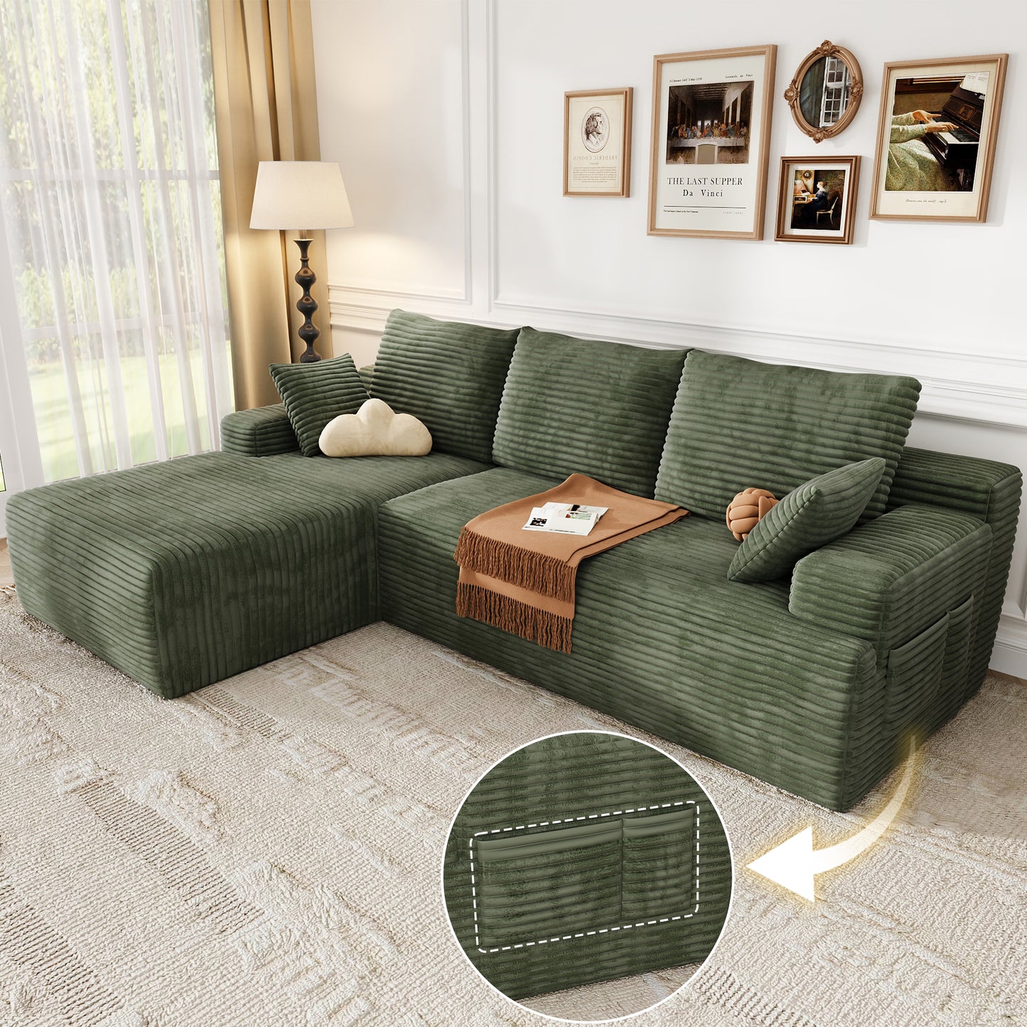 104" Modular L-Shaped Sectional Sofa, No Assembly Required Boneless Sofa with Chaise, High Resilience Foam & Corduroy Fabric, for Living Room Bedroom,(Sage Green)