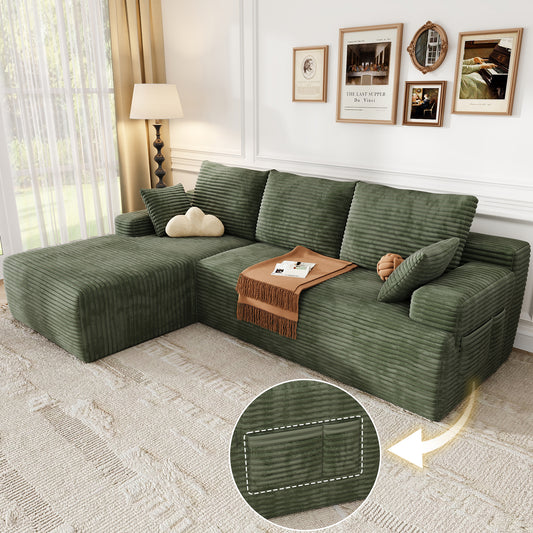 104" Modular L-Shaped Sectional Sofa, No Assembly Required Boneless Sofa with Chaise, High Resilience Foam & Corduroy Fabric, for Living Room Bedroom,(Sage Green)