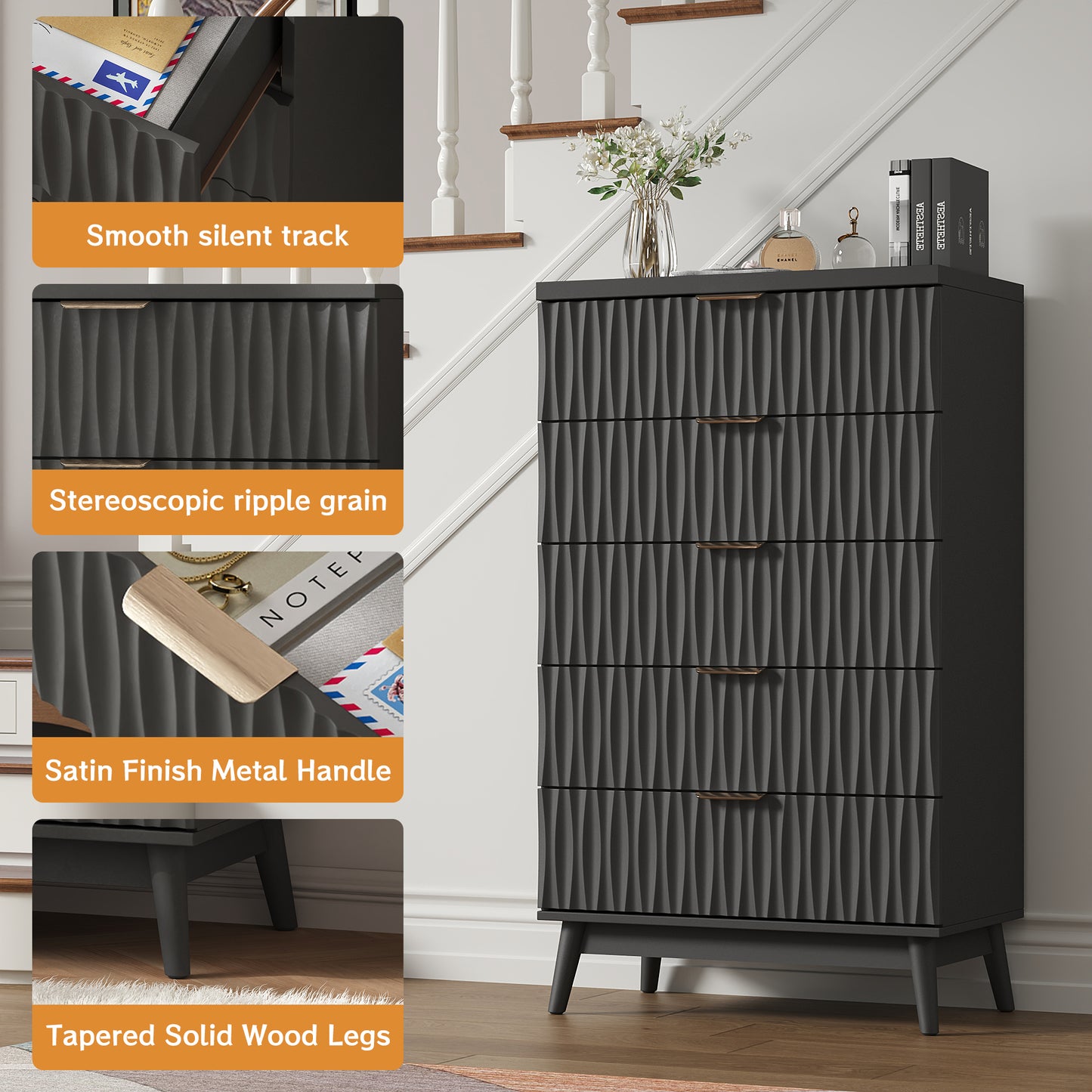 NEGYLIM 5 Drawer Dresser for Bedroom, 47"H Fluted Dresser Modern Chest of Drawers with Metal Handle, Anti-collapse for Living Room, Hallway