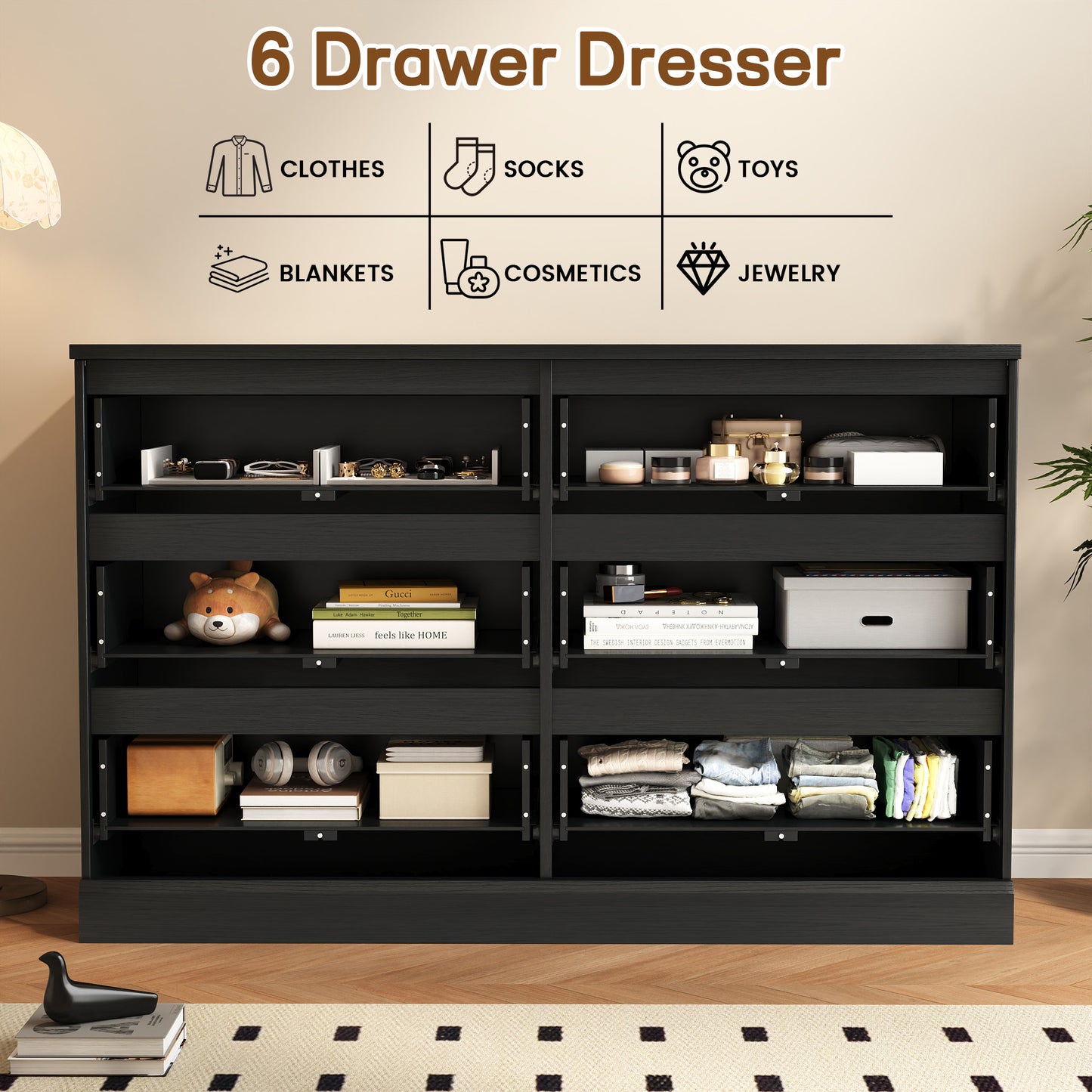 NEGYLIM 6 Drawer Chest of Drawers, Modern Storage Cabinet Dresser Organizer Unit, for Living Room, Closet, Entryway
