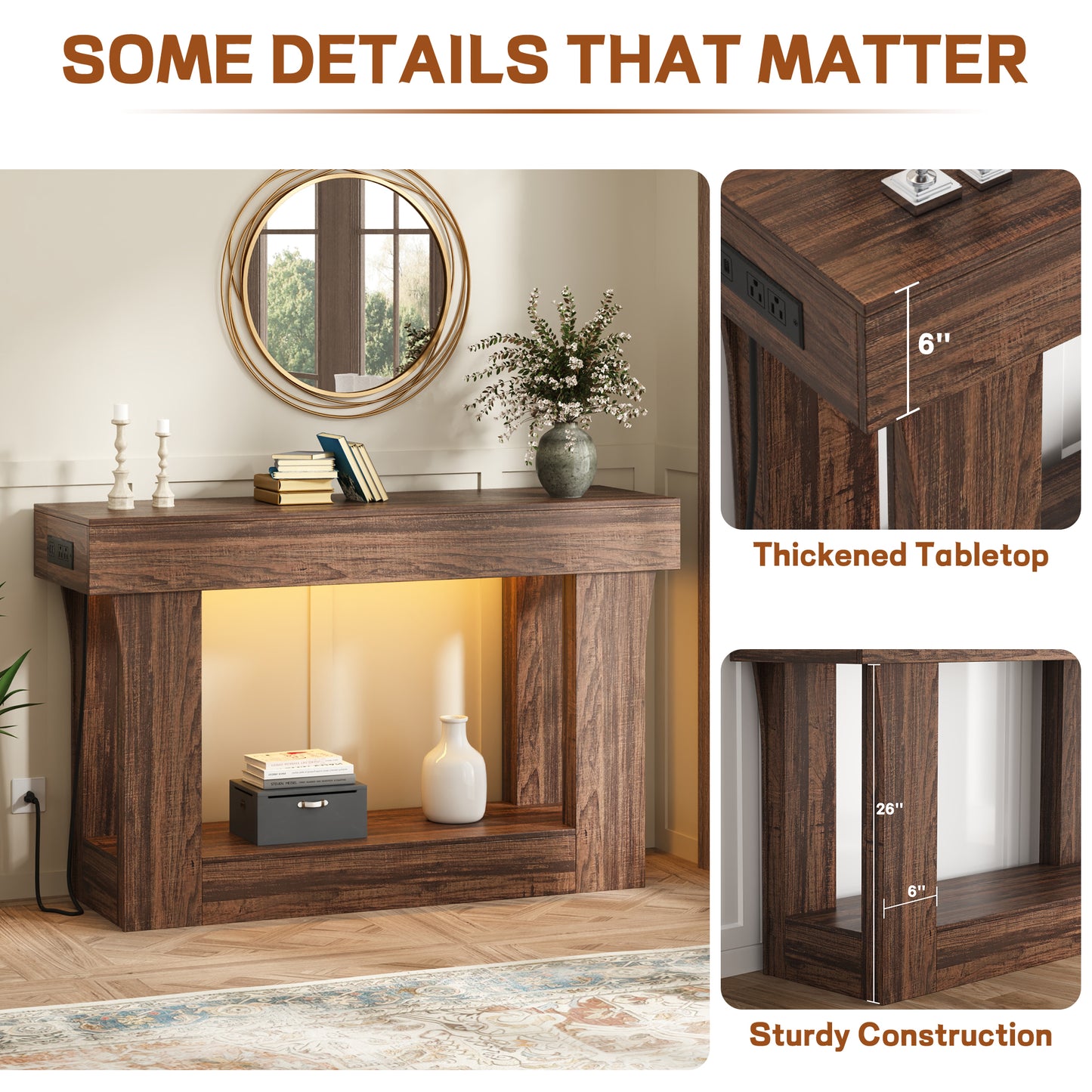 47" Console Table with Charging Station, Farmhouse Natural Entryway & Hallway Table for Living Room & Bedroom, Brown