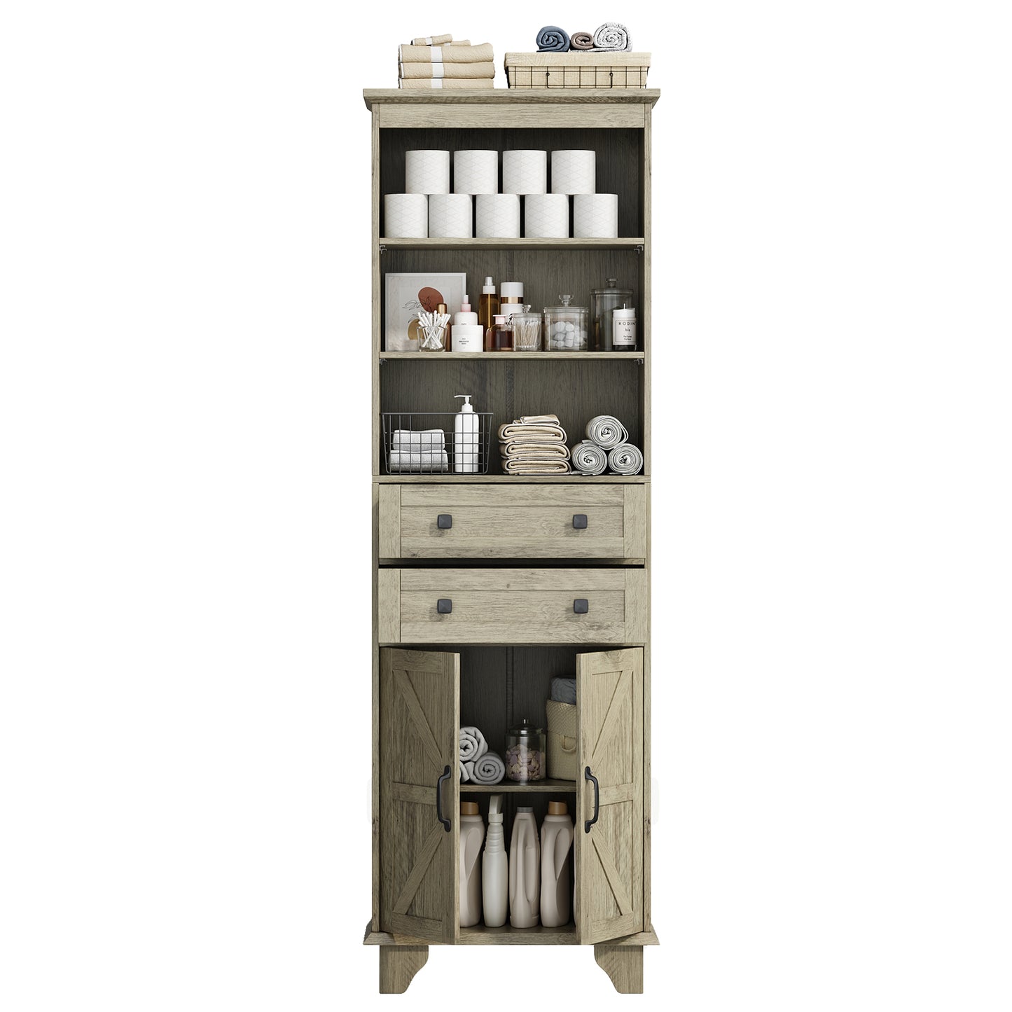 NEGYLIM 72" Tall Bathroom Storage Cabinet, Freestanding Cabinet with Adjustable Shelves, Large Bathroom Pantry Cabinet with 2 Drawers for Living Room, Kitchen, Dining Room, Office, Grey