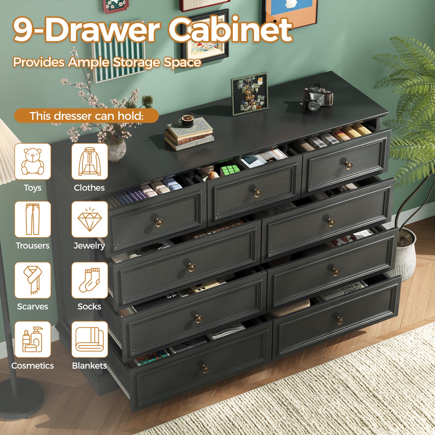 9 Drawer Chest of Drawers, Tall Storage Dresser Organizer, Modern Storage Cabinet Dresser Organizer Unit with Antique Bronze Round Handles for Living Room, Closet, Hallway, Entryway