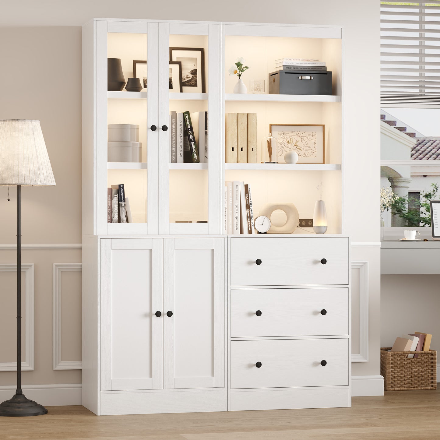 2Pcs 71" Bookshelf with Storage, Modern Bookshelves with 3 Large Drawer, Display Bookcase with Glass Doors, Modern DIY Mix Cabinet for Home Office, Dining Room (White, BA)