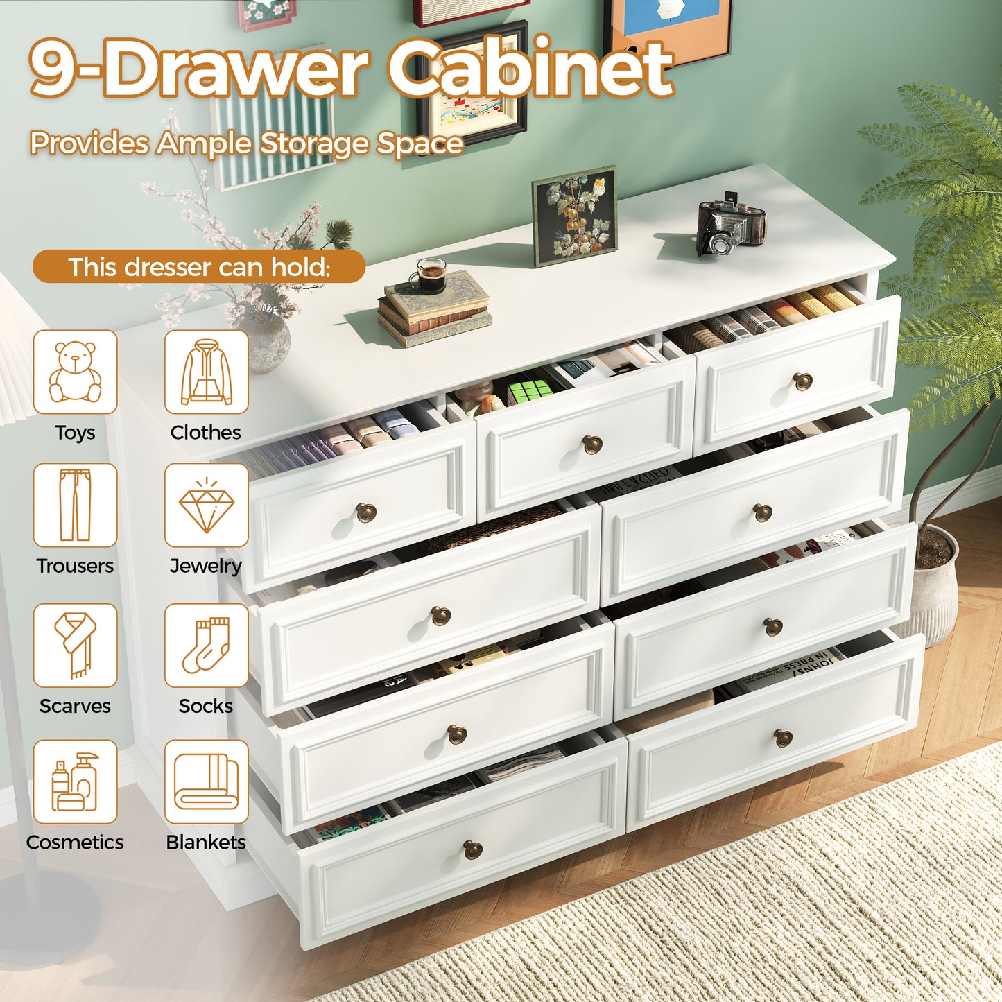9 Drawer Dresser, Wood Chest of Drawers, Rustic-Style Dresser with Metal Handles, Tall Storage Dresser Organizer, Suitable for Bedroom, Closet, Living Room, Hallway and Entryway