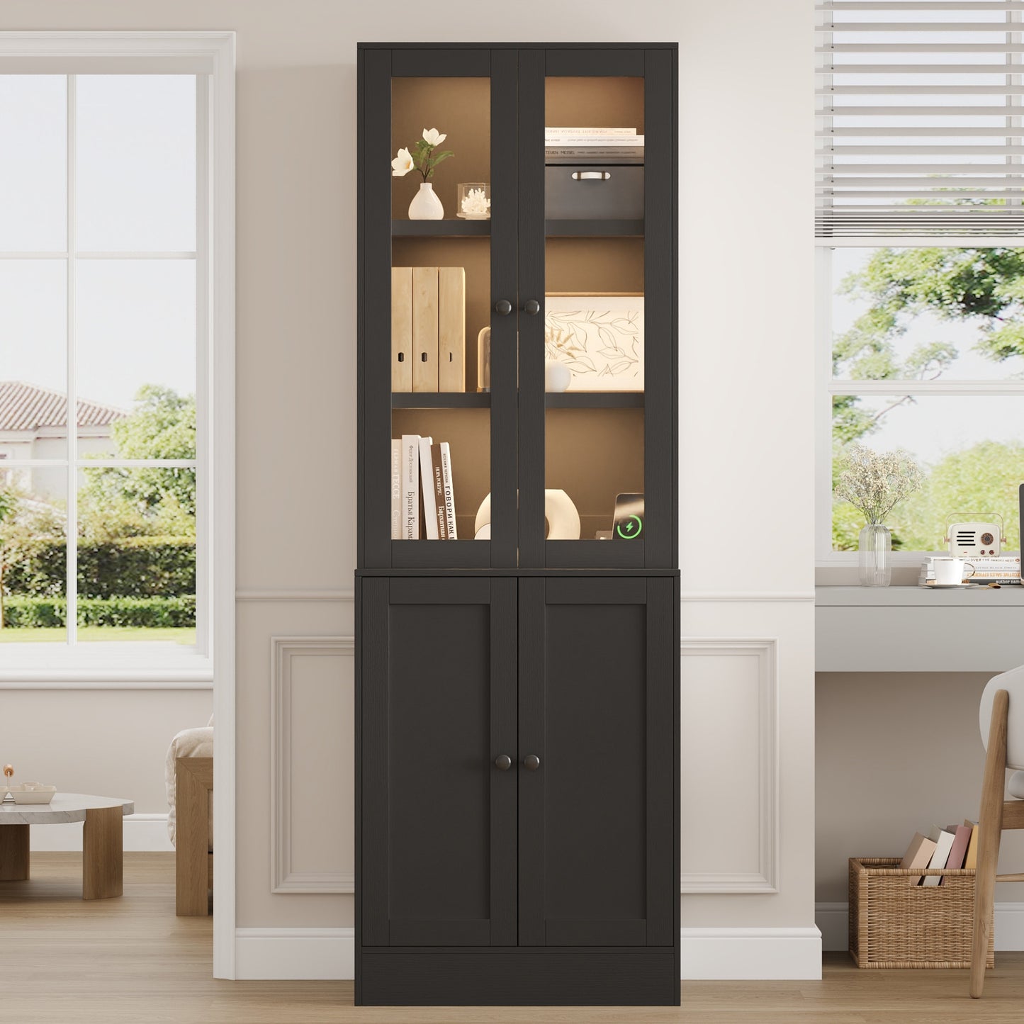 2Pcs 71" Bookshelf with Storage, Modern Bookshelves with 3 Large Drawer, Display Bookcase with Glass Doors, Modern DIY Mix Cabinet for Home Office, Dining Room (Black, BA)