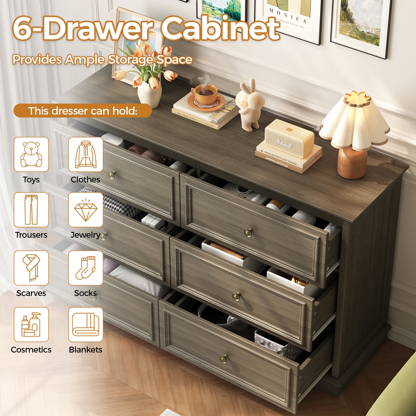 6 Drawer Chest of Drawers, Modern Storage Cabinet Dresser Organizer Unit with Antique Bronze Round Handles for Living Room, Closet, Hallway, Entryway