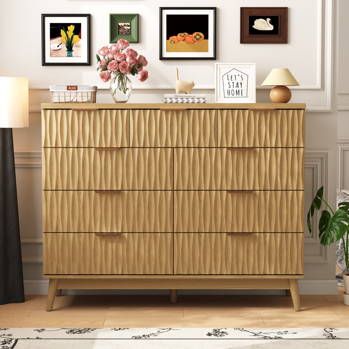 NEGYLIM 47" Wood Dressers with 9 Drawers for Bedroom, Fluted Wood Dresser Chest of Drawers for Bedroom, Storage Cabinet for TV Stand, Living Room, Entryway, Wood