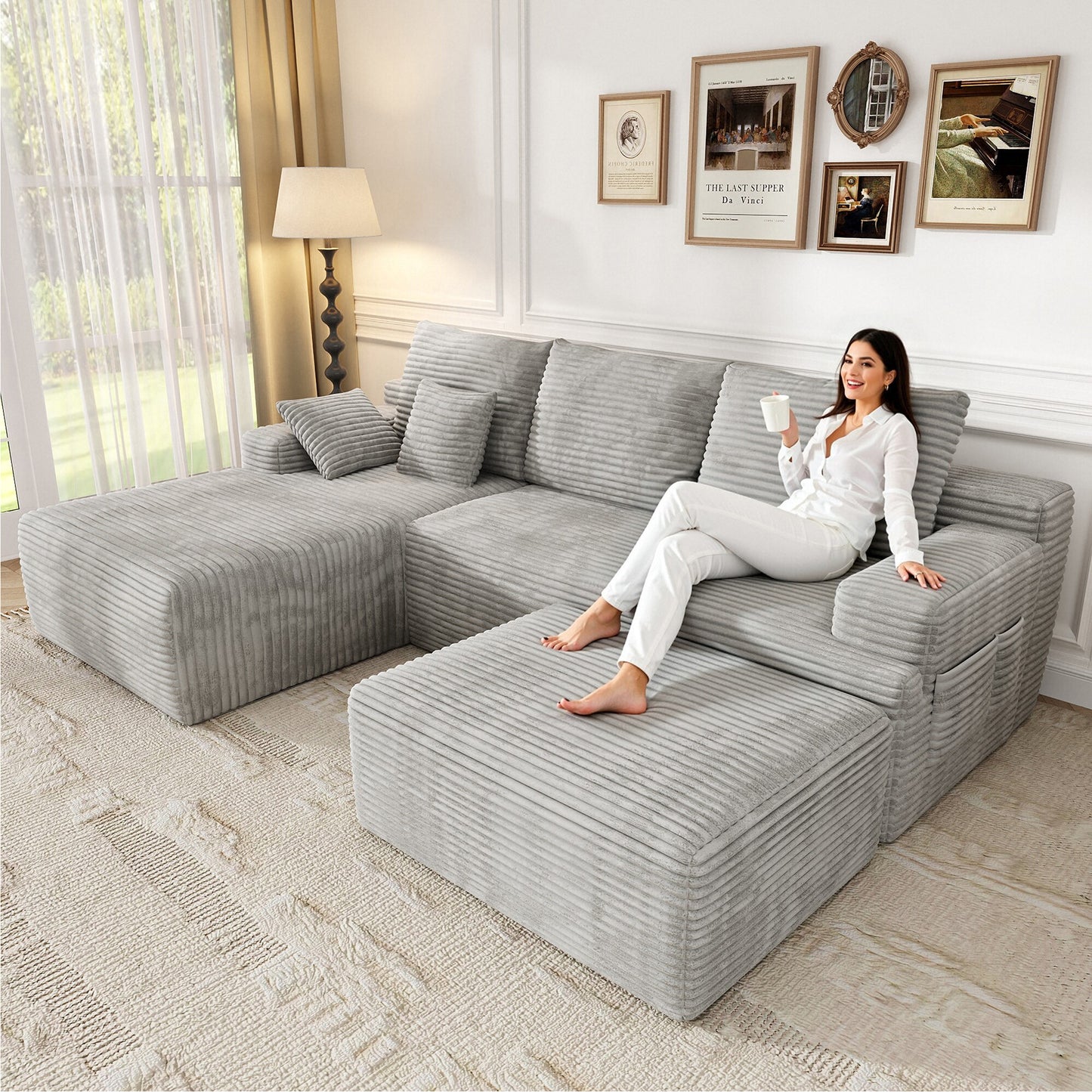 Oversized Sofa Ottoman Footrest, Matching Cushion for L-Shaped Sofa to Create U-Shaped Sectional , Large Seat Stool, High Resilience Foam & Corduroy Fabric, for Living Room Bedroom, (Oyster White)