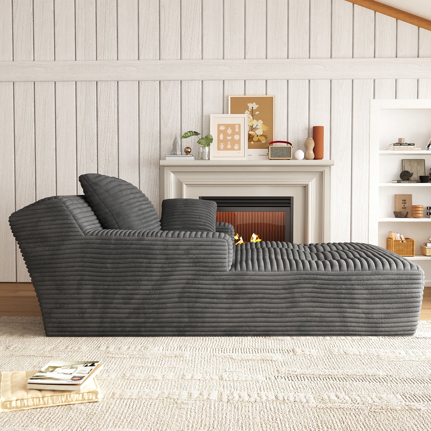 67'' Oversized Chaise Lounge Chair, Cloud Plush Corduroy Sofa Bed for Living Room, Modern Deep Seat Sleeper Couch with Back Cushion, No Assembly Required, (Charcoal)