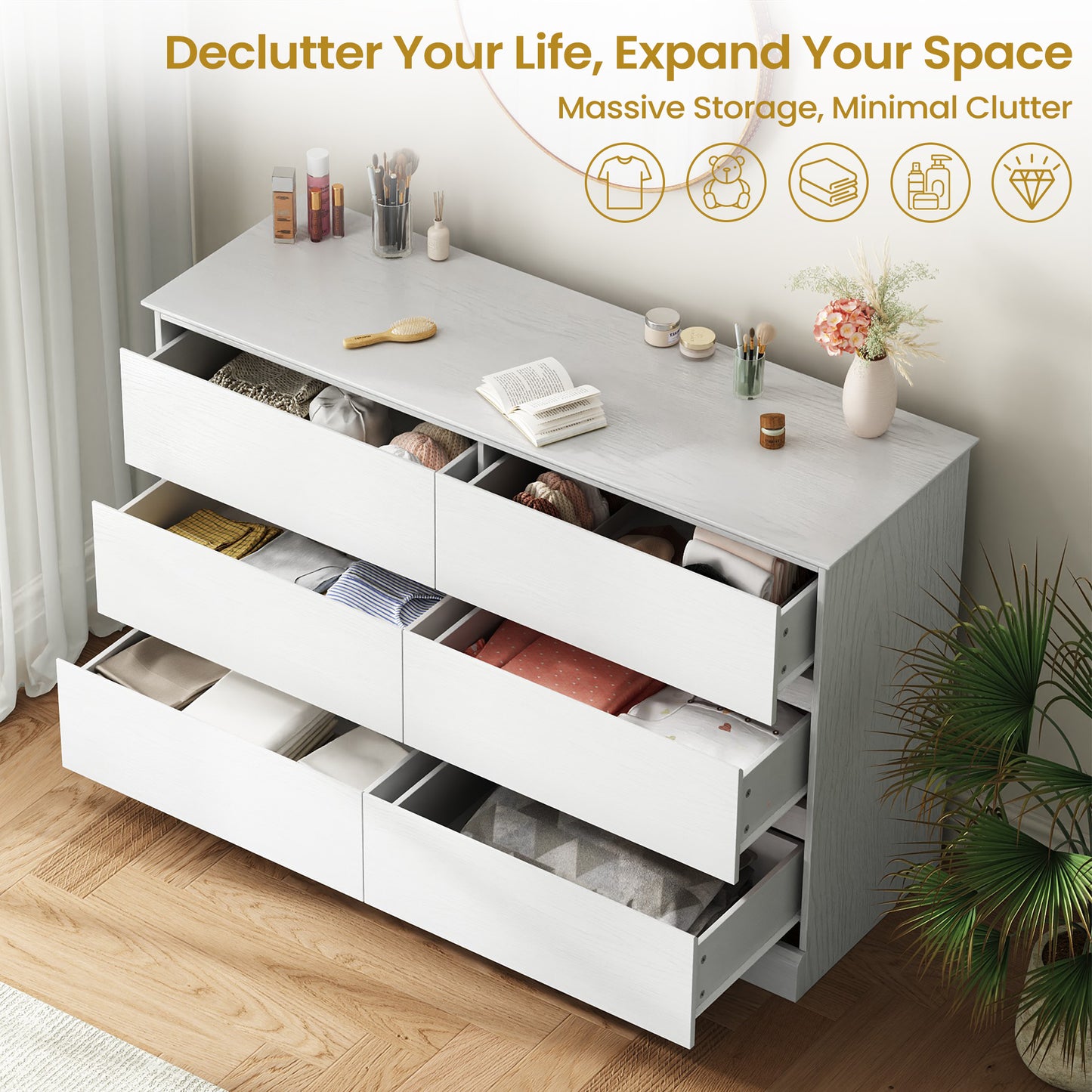 6 Drawer Dresser for Bedroom, White Dresser Double Chest of Drawers, Modern Wood Dressers with Deep Drawers for Living Room,White
