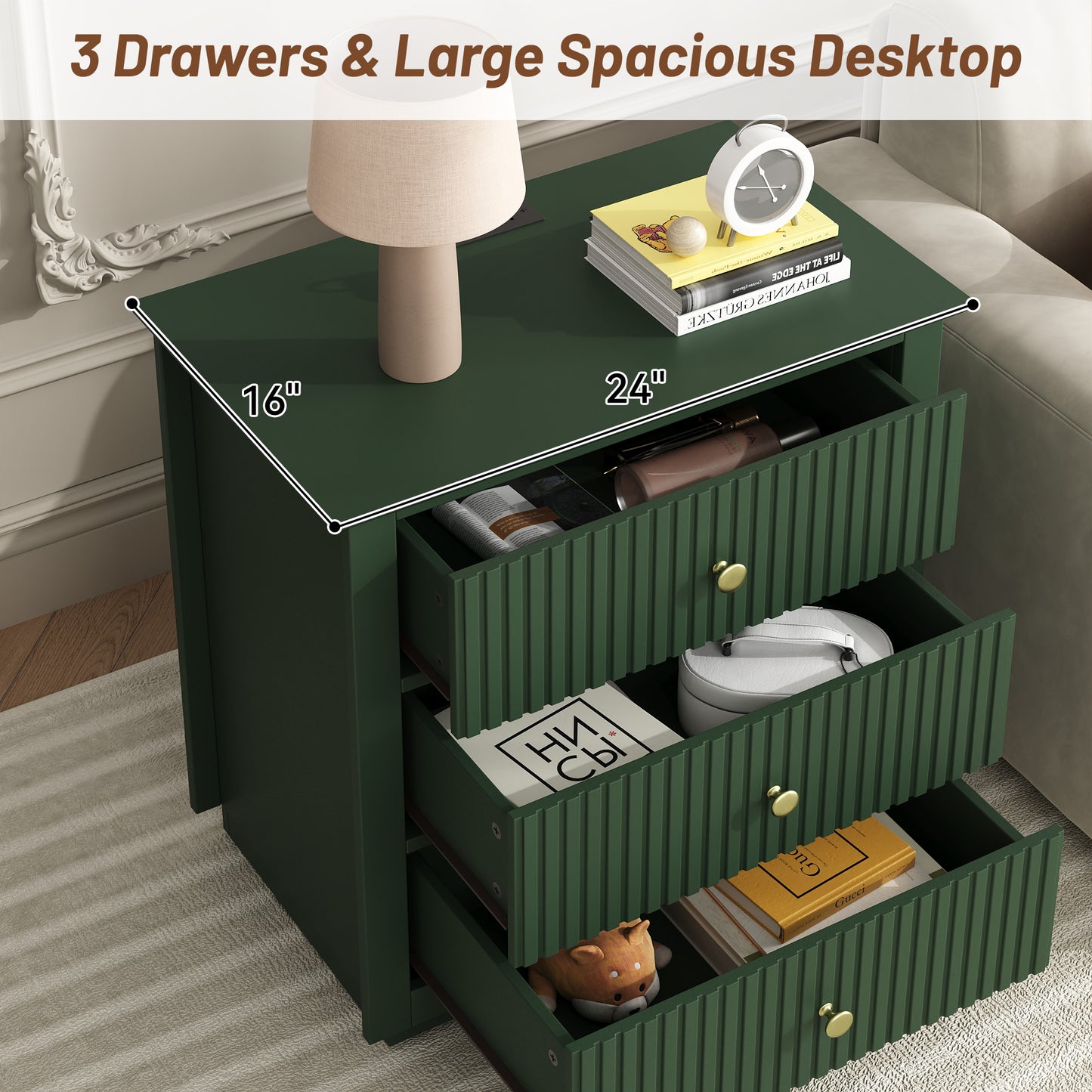 Modern Nightstand with Charging Station & 3 Drawers, 24 Inch Wide Bedside Table Set of 2 for Bedroom and Living Room, Large Storage End Table with Fluted Design, Green