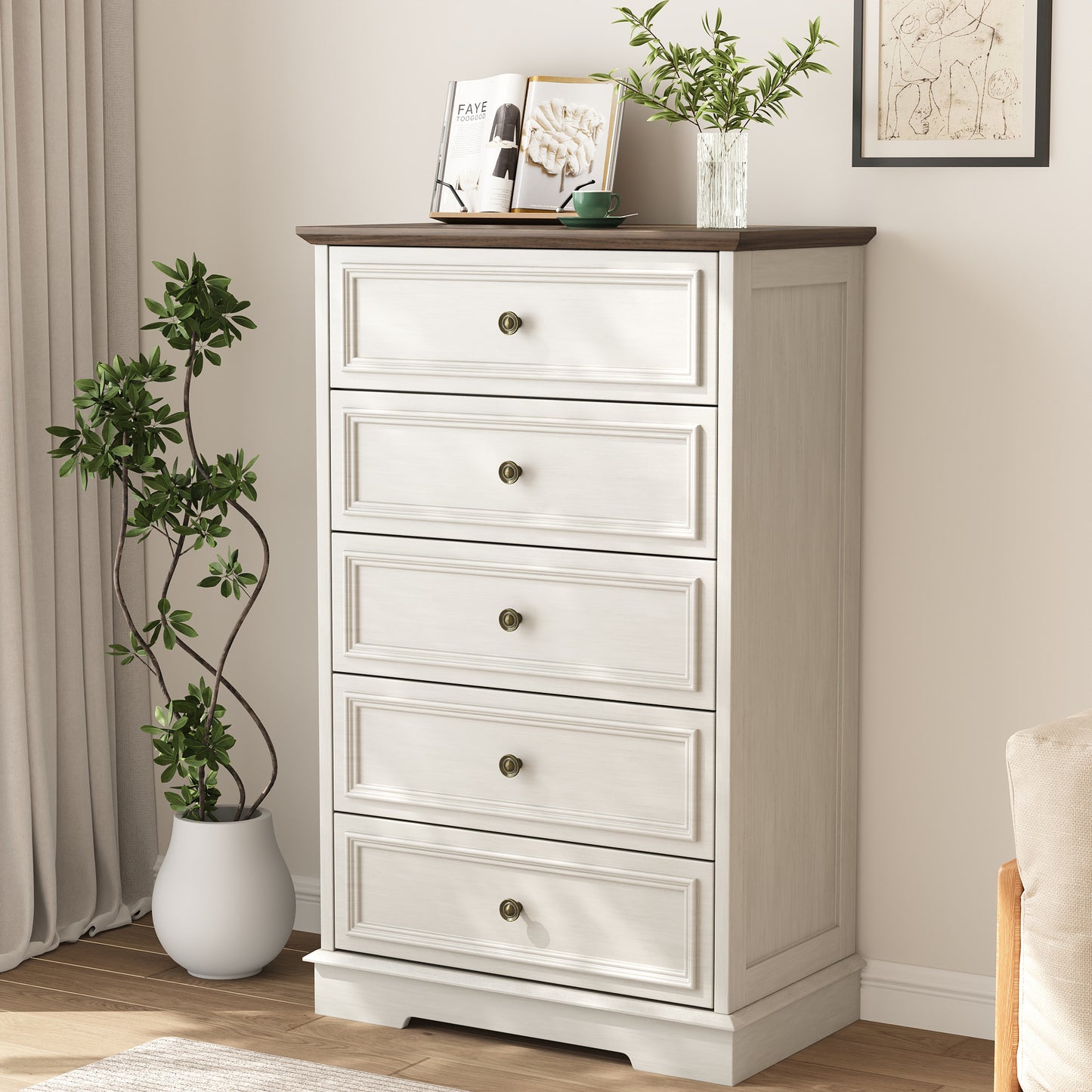 5 Drawer Dresser, Wood Chest of Drawers for Bedroom, Retro Storage Cabinet Dresser Organizer Unit with Antique Bronze Round Handles for Living Room, Closet, Hallway, Entryway