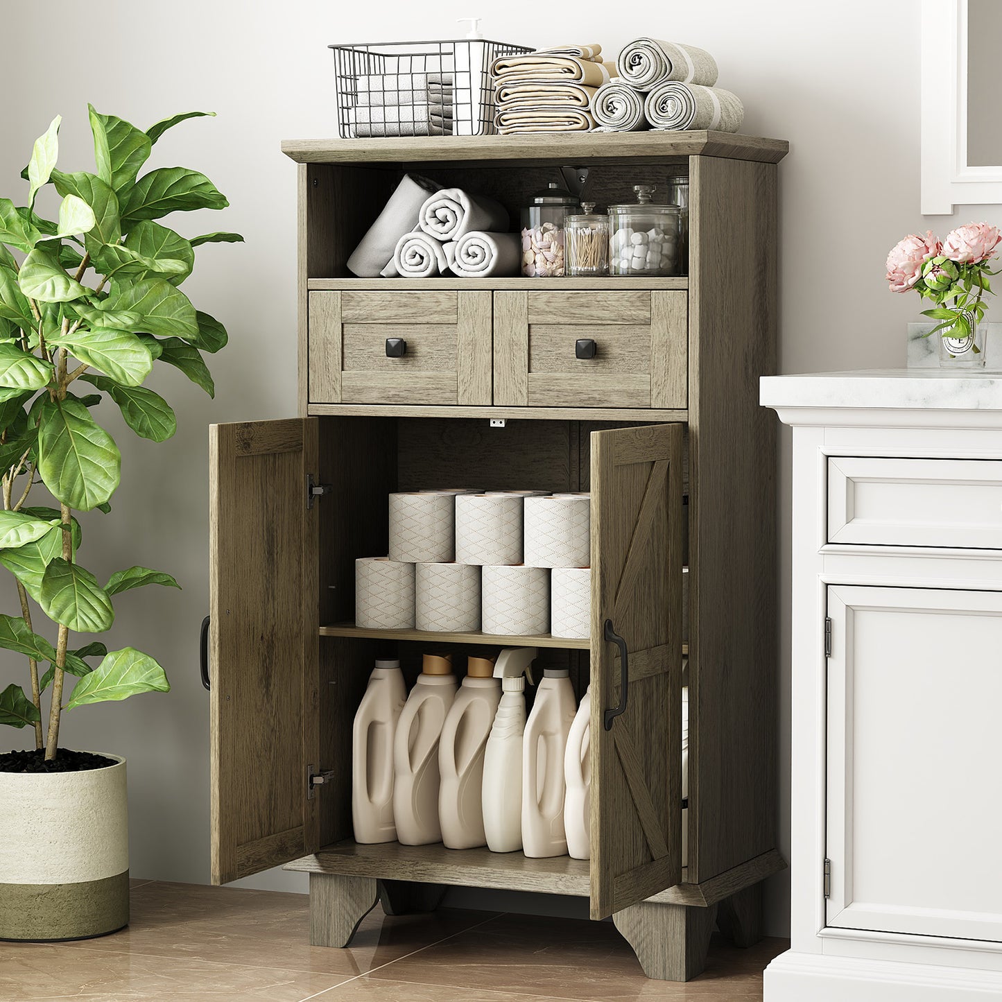 Bathroom Storage Cabinet, Farmhouse Bathroom Floor Cabinet freestanding with Doors and Drawers, 41.3"H Bathroom Organizer with Adjustable Shelf, Wood Grain