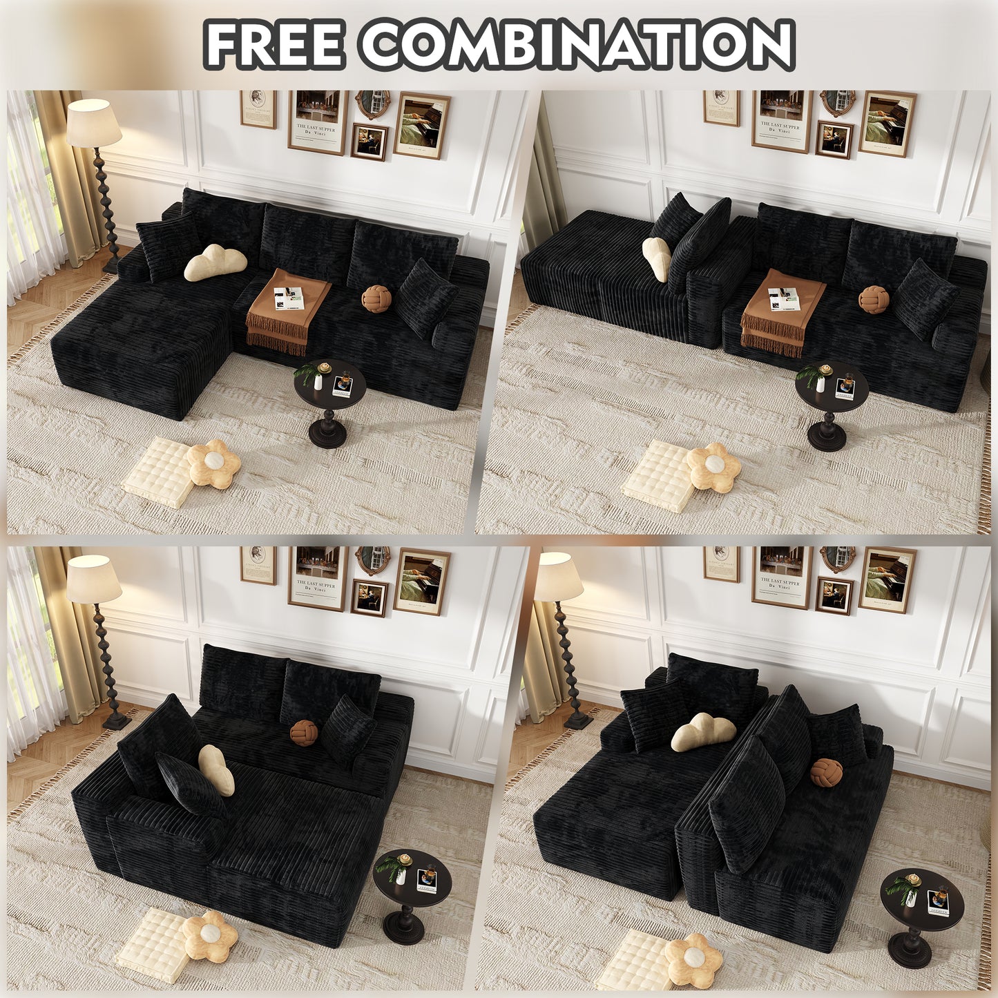 104" Modular L-Shaped Sectional Sofa with Chaise - No Assembly Required Boneless Corduroy Couch, High Resilience Foam, Deep Black
