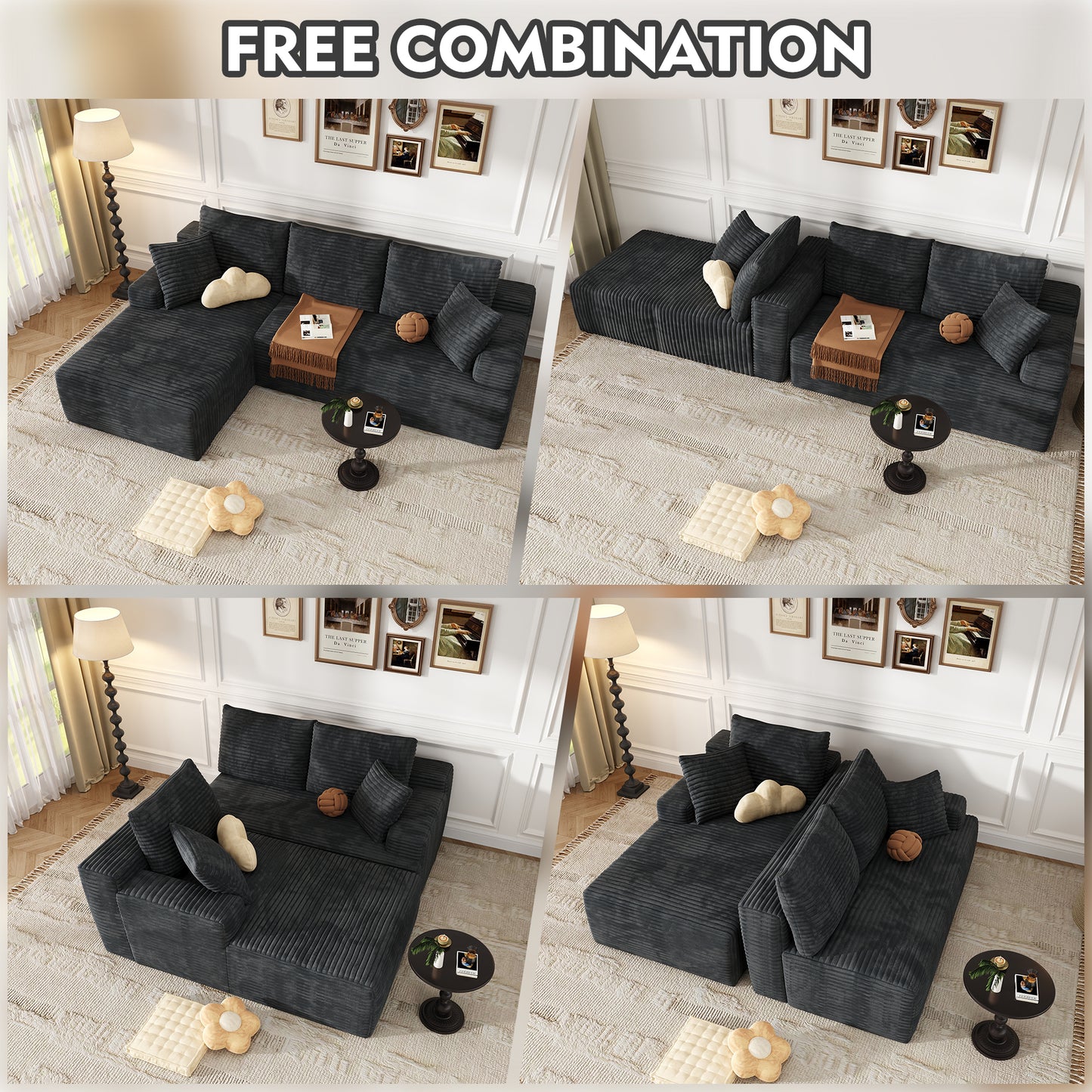 104" Modular L-Shaped Sectional Sofa, No Assembly Required Boneless Sofa with Chaise, High Resilience Foam & Corduroy Fabric, for Living Room Bedroom,(Black Grey)