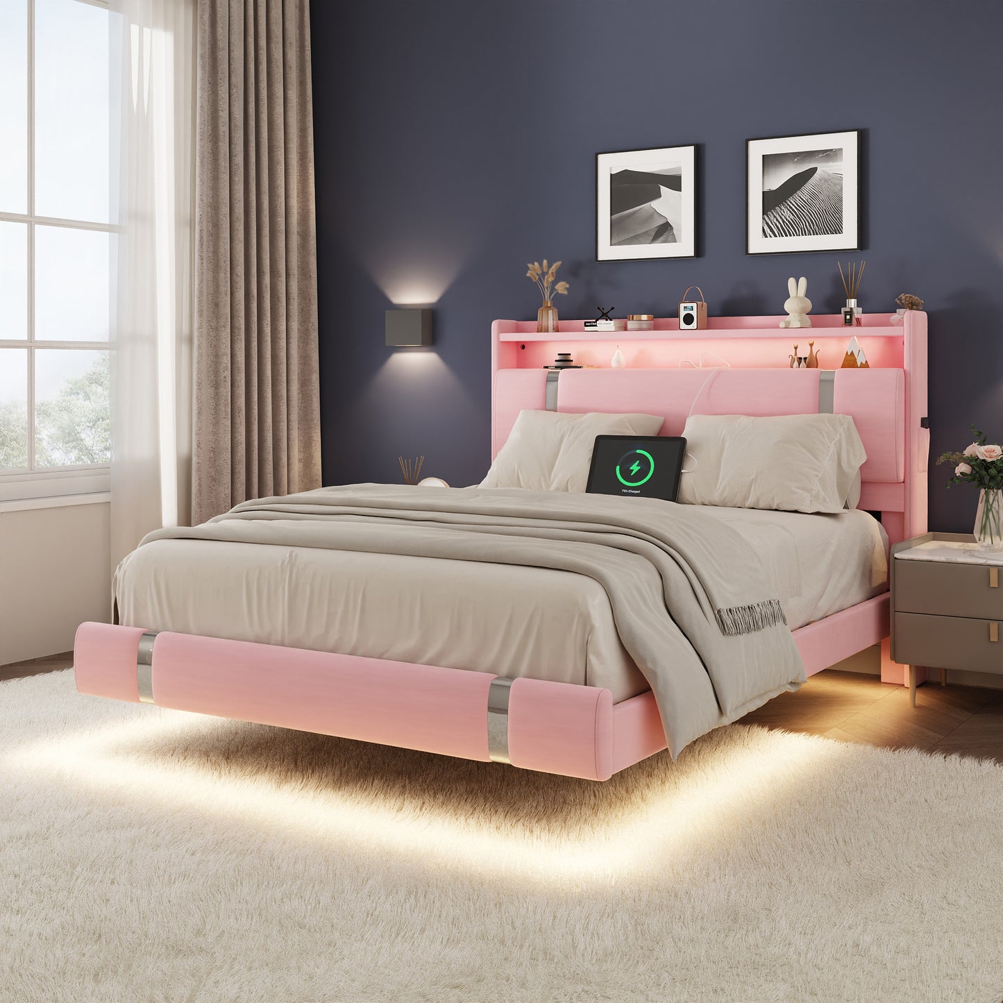 NEGYLIM Floating Bed Frame Twin Size with LED Lights, Easy to Assemble, Metal Platform Bed with Storage Headboard, No Box Spring Needed, Pink