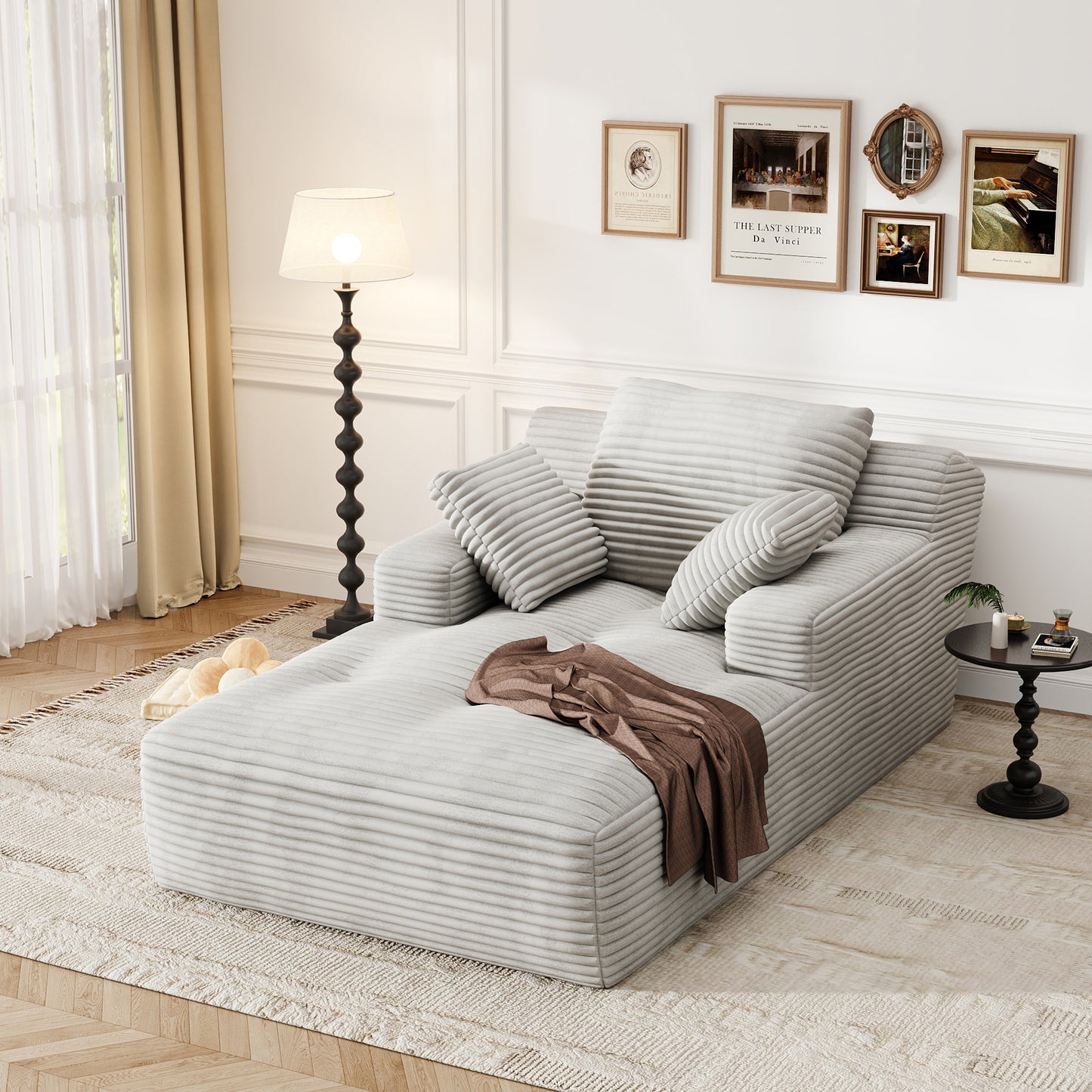 67'' Oversized Chaise Lounge Chair, Cloud Plush Corduroy Sofa Bed for Living Room, Modern Deep Seat Sleeper Couch with Back Cushion, No Assembly Required, (Oyster White)