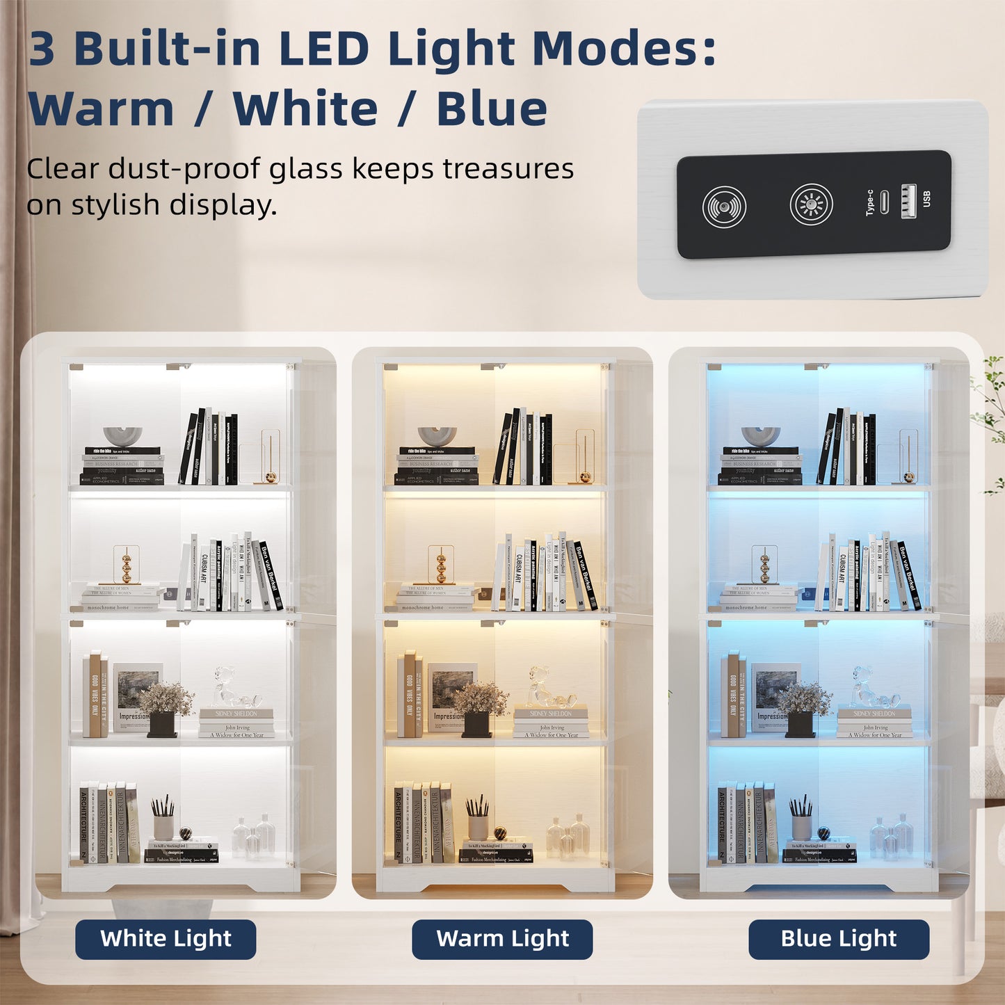4 Tier LED Lighted Display Cabinet with Tempered Glass Doors, Dustproof Collectible Storage Shelf for Gundam Action Figures Gaming Accessories, Modern Tall Curio Showcase for Game Room Bedroom,White