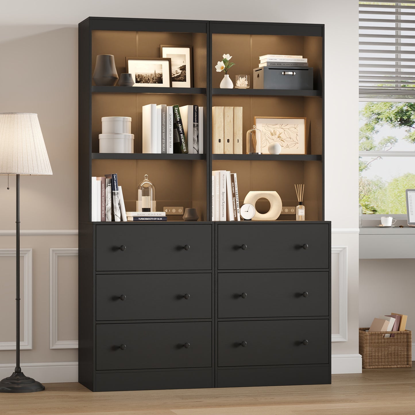 71” Tall Bookcase with 6-Tier, Extra Large Freestanding Display Bookshelf with LED and 3 Large Drawer, Black
