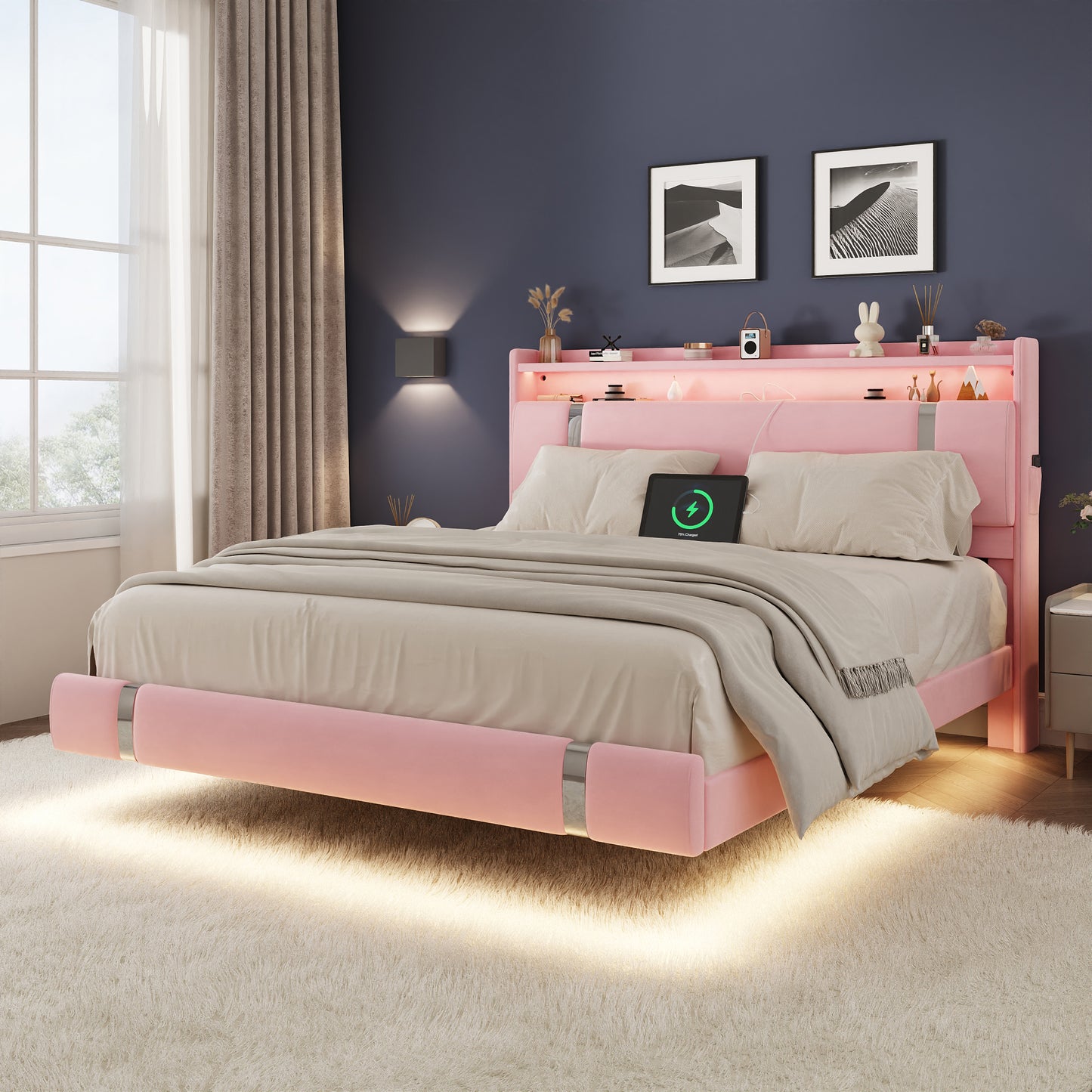 NEGYLIM Floating Bed Frame Queen Size with LED Lights, Easy to Assemble, Metal Platform Bed with Storage Headboard, No Box Spring Needed, Pink