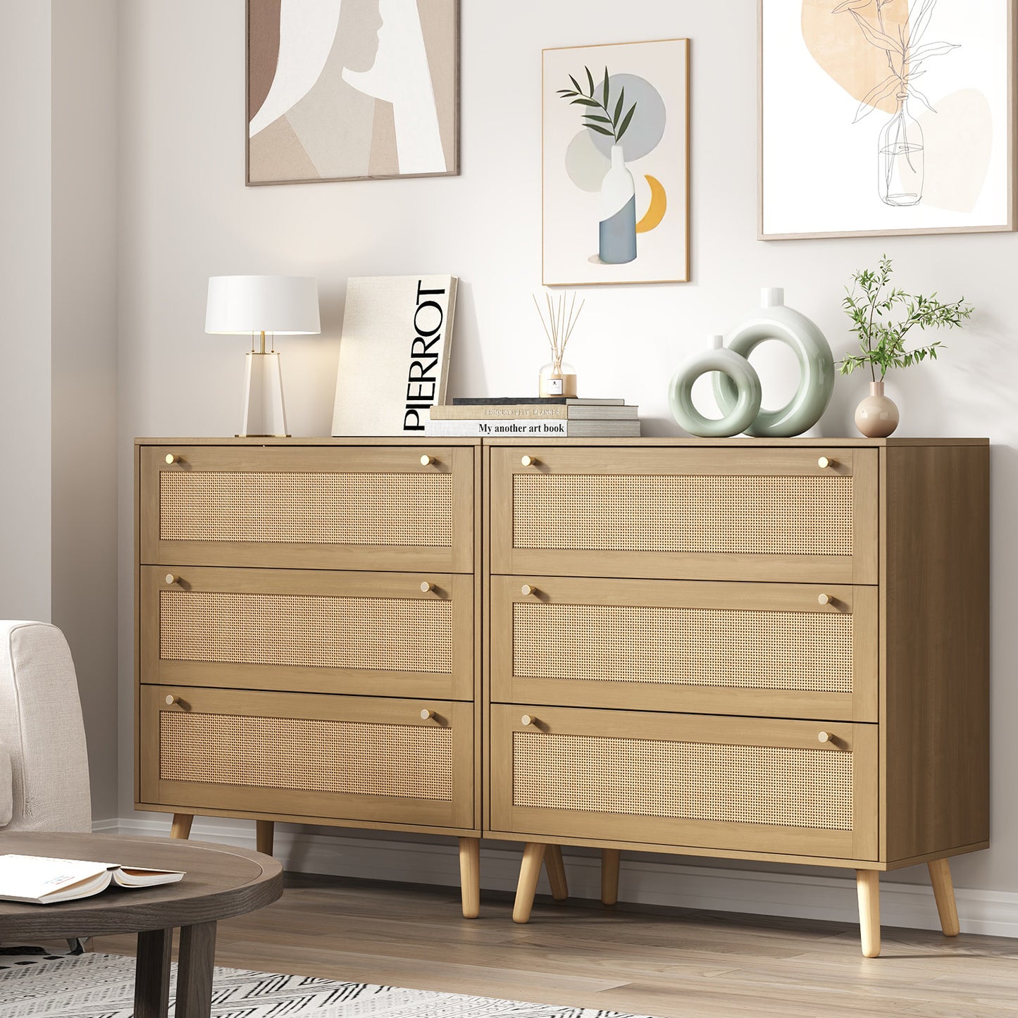 Wood Color Dresser for Bedroom, Farmhouse Rattan Dressers, 3 Drawers Dressers Chest for Bedroom Hallway Living Room