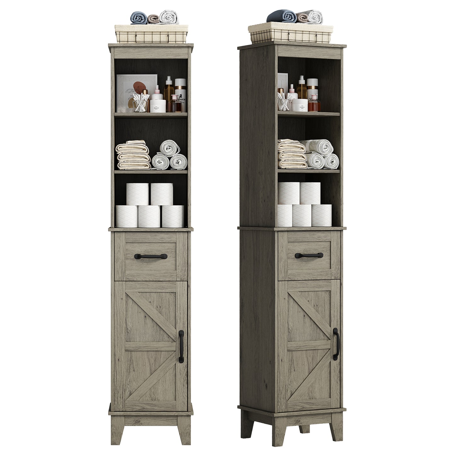 63” Tall Bathroom Storage Cabinet, Freestanding Linen Cabinet, Narrow Bathroom Storage with Barn Door and Drawer, Gray
