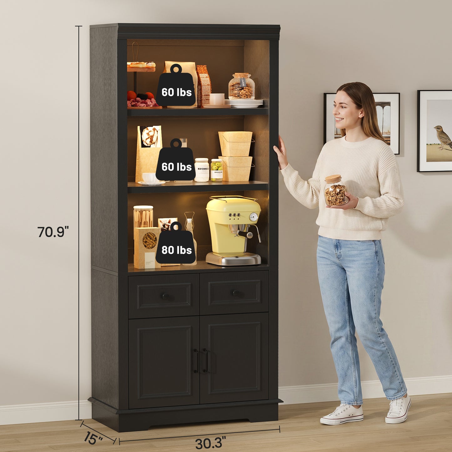 Negylim 71” Tall Lighted Coffee Bar Cabinet, Farmhouse Pantry Storage Hutch with Built-in LED Strip Lights, 3 Open Display Shelves, 2 Pull-Out Drawers & Closed Storage Cupboard, Black