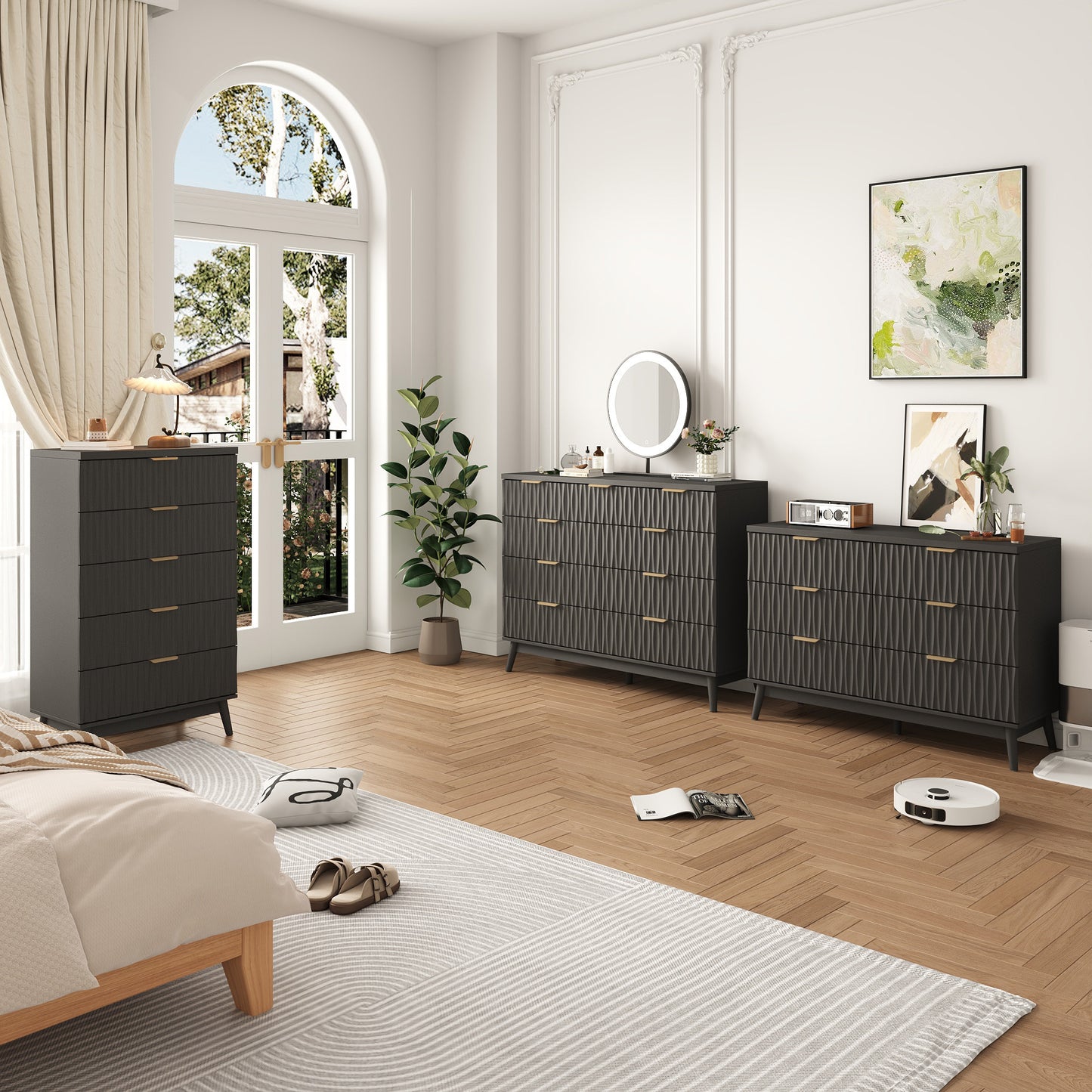 NEGYLIM 47" Wood Dressers with 9 Drawers for Bedroom, Fluted Wood Dresser Chest of Drawers for Bedroom, Storage Cabinet for TV Stand, Living Room, Entryway, Black