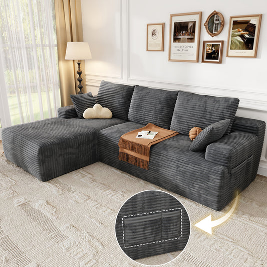 104" Modular L-Shaped Sectional Sofa, No Assembly Required Boneless Sofa with Chaise, High Resilience Foam & Corduroy Fabric, for Living Room Bedroom,(Black Grey)