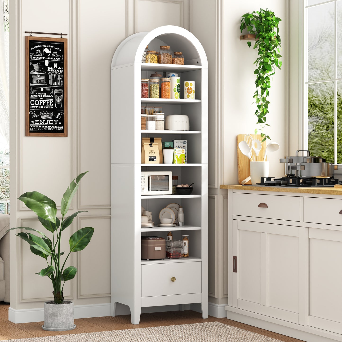 71" Tall Arched Storage Cabinet with Doors & Shelves – Multi-Purpose Pantry Cabinet for Kitchen, Bathroom, Living Room, Bedroom, Entryway & Office (White)
