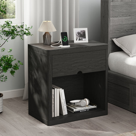 NEGYLIM 24" Wood Nightstand with USB Charging Station, Bedside Table with Safe Rounded Corners & Crescent Handles – Sturdy End Table for Bedroom, Living Room, Nursery (Black, 1-Piece)